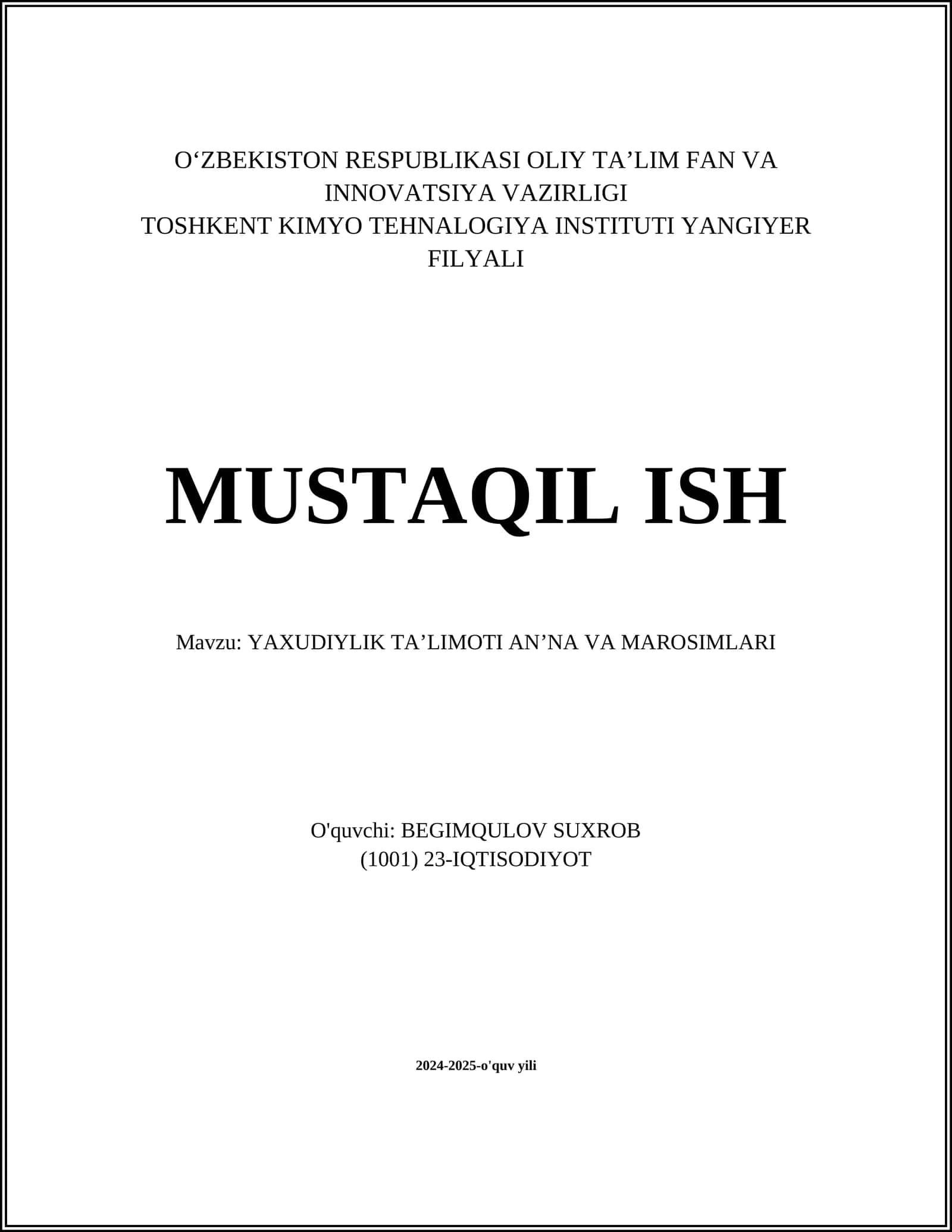 YAXUDIYLIK TA’LIMOTI AN’NA VA MAROSIMLARI 1