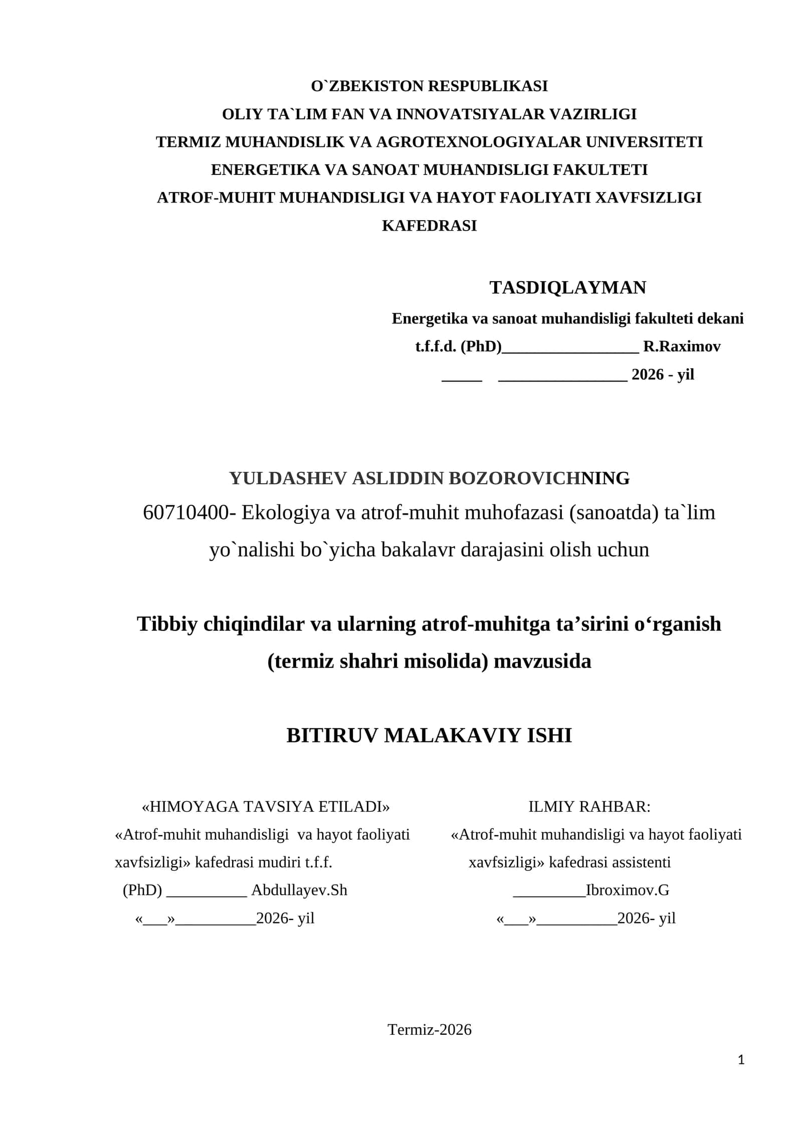 Tibbiy chiqindilar utilizasiyasi {termiz misolda} 1