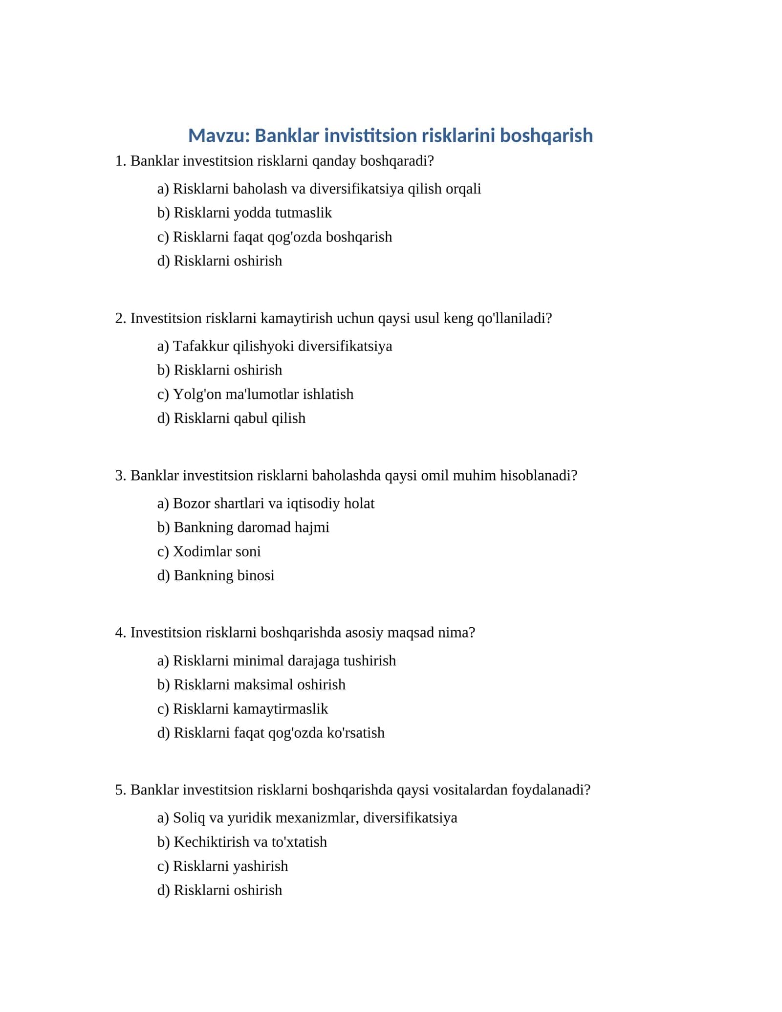 Banklar investitsion risklarini boshqarish 1