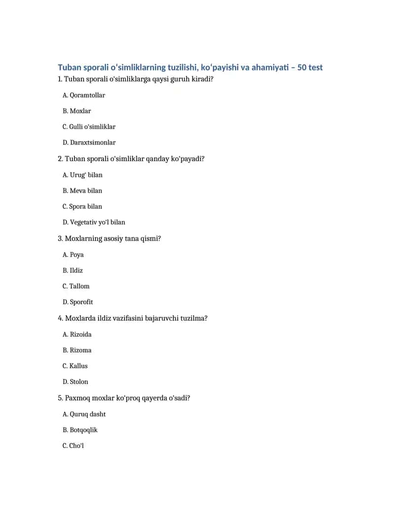 Tuban va yuksak sporali o'simliklar. 1