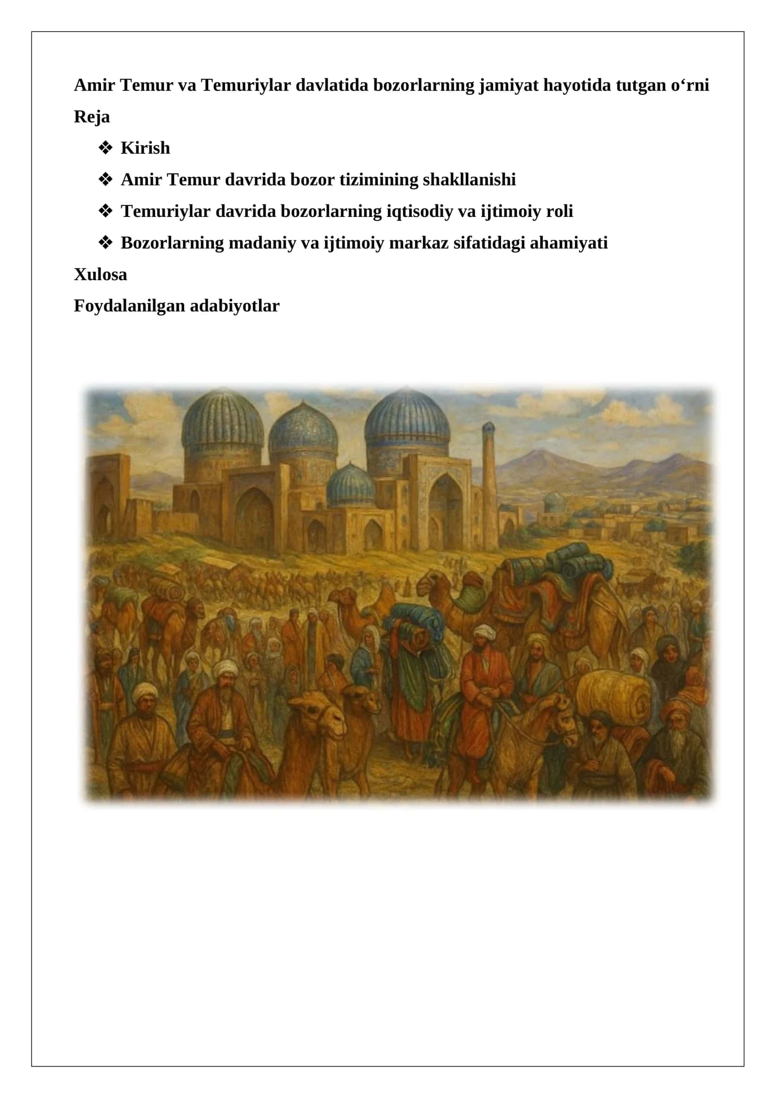 Amir Temur va Temuriylar davlatida bozorlarning jamiyat hayotida tutgan o‘rni 1