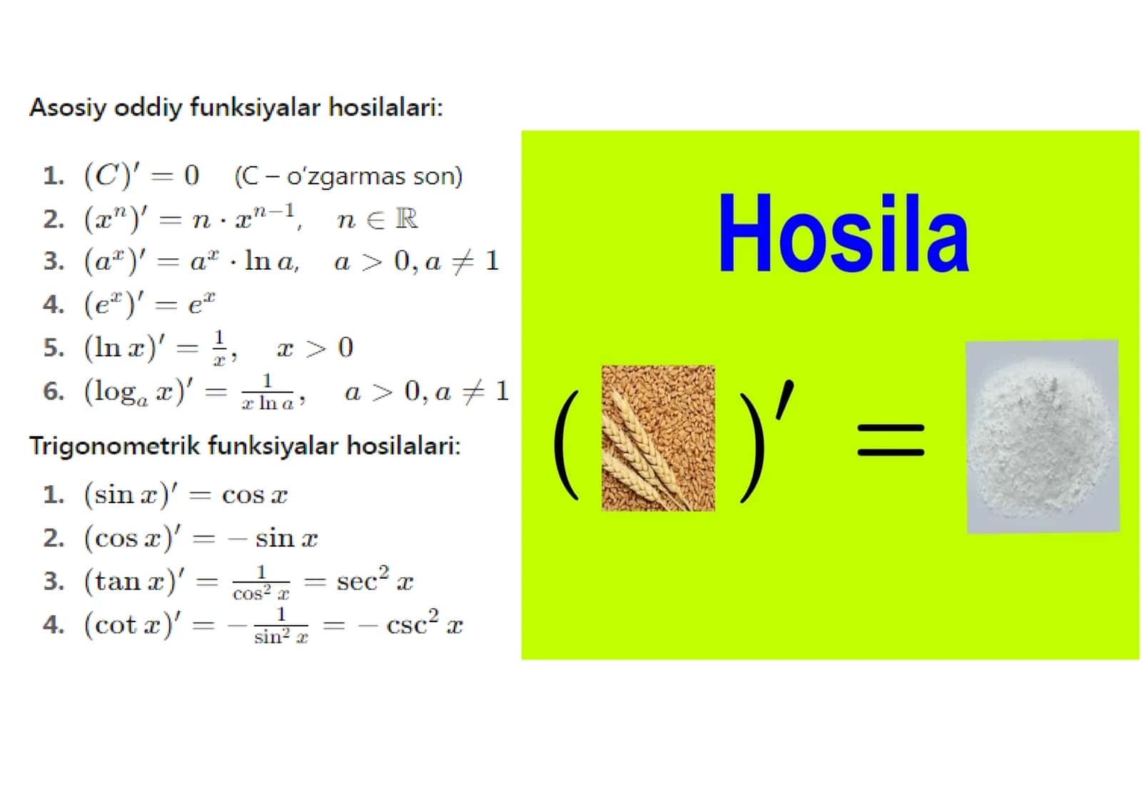 Hosila integral limit va lagarifmik formulalar jadvali 1