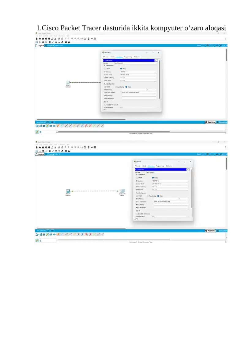 Cisco Packet Tracer dasturida ikkita kompyuter o‘zaro aloqasi 1