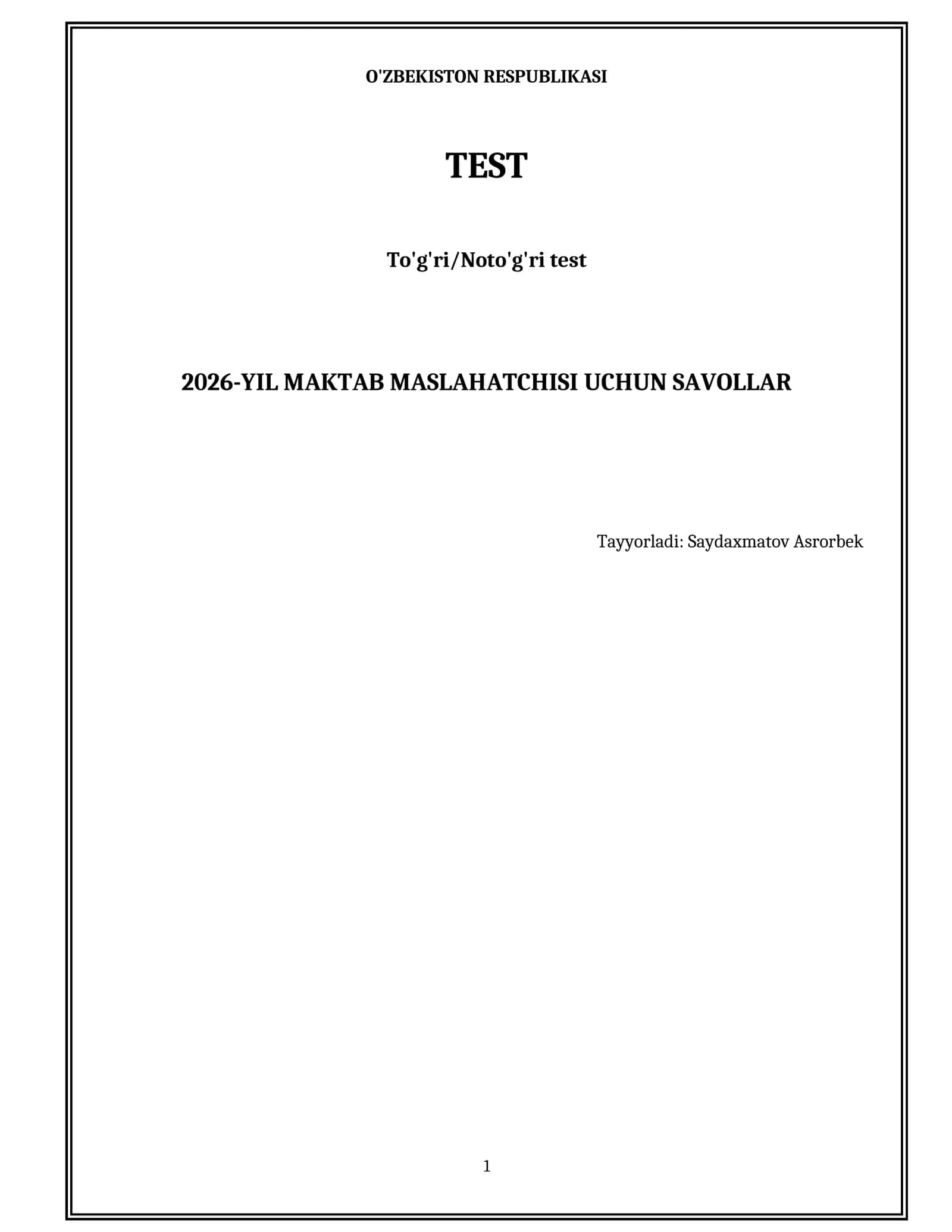 2026-YIL MAKTAB MASLAHATCHISI UCHUN SAVOLLAR 1