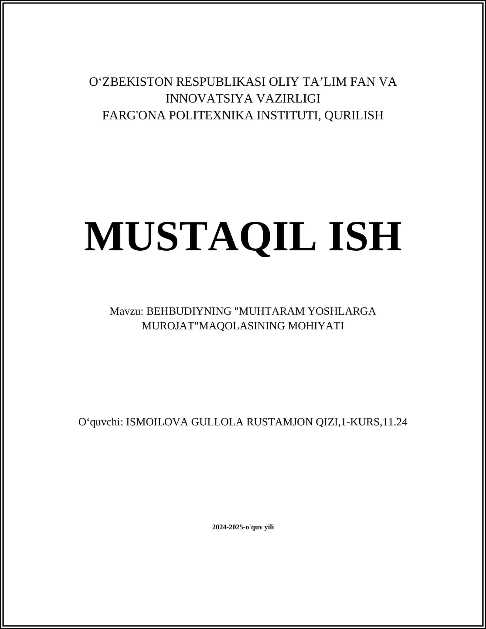 BEHBUDIYNING "MUHTARAM YOSHLARGA MUROJAT"MAQOLASINING MOHIYATI 1