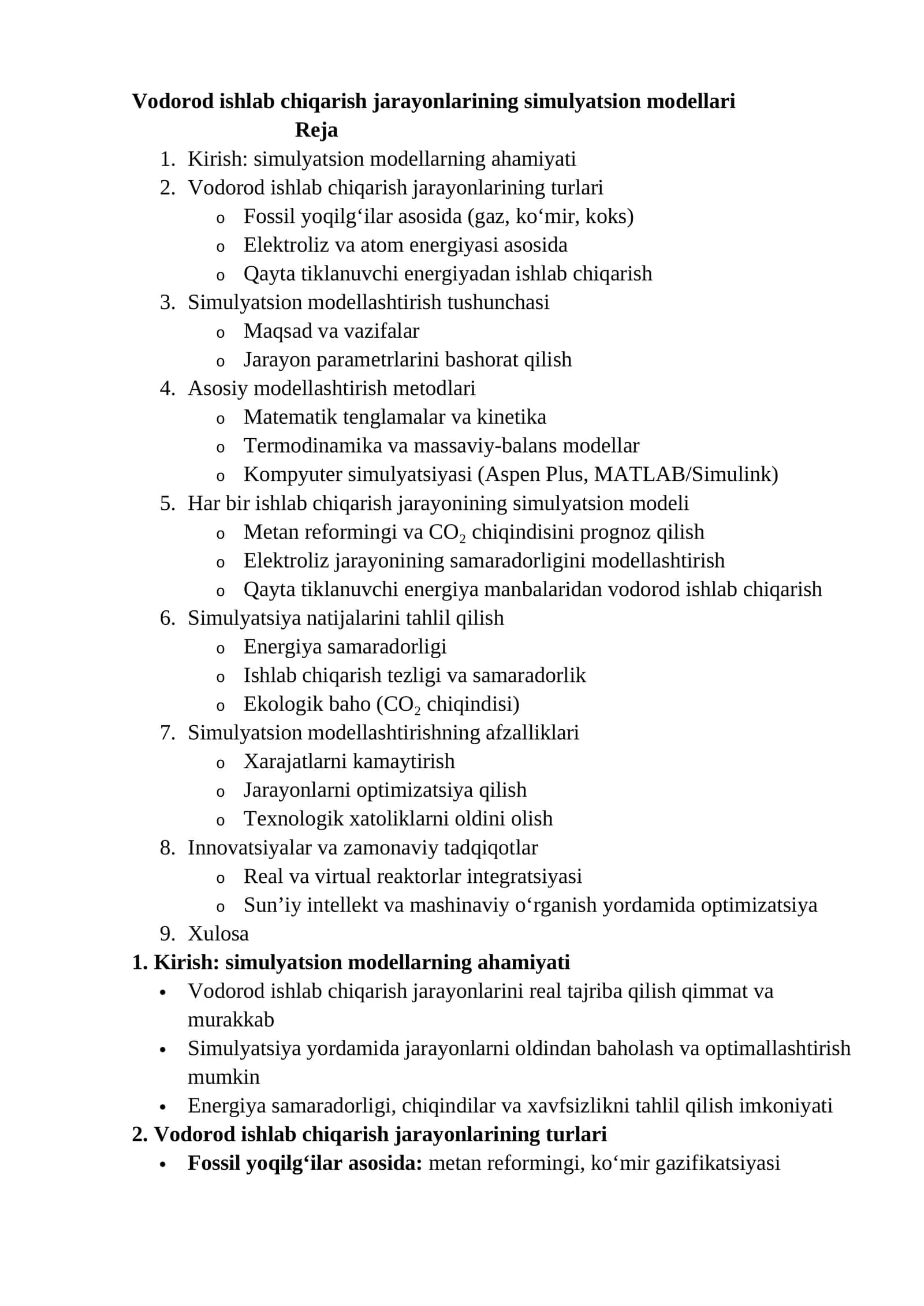 Vodorod ishlab chiqarish jarayonlarining simulyatsion modellari 1