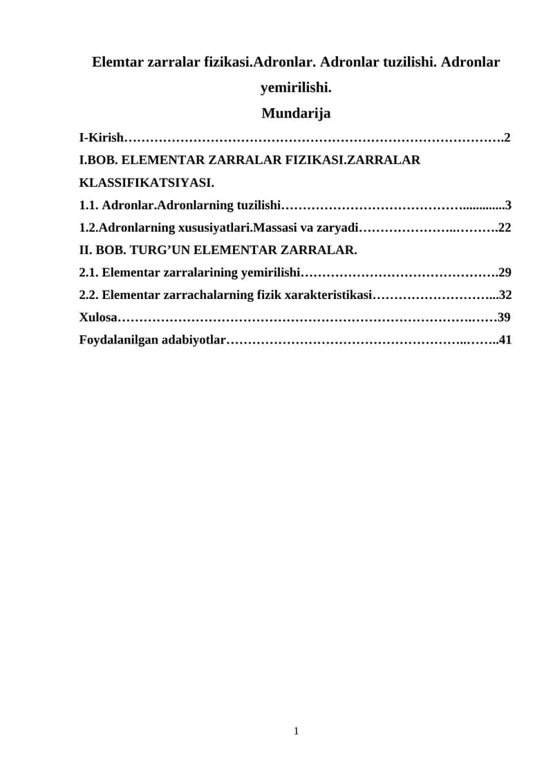 Elementar zarralar fizikasi. KURS ISHI 1