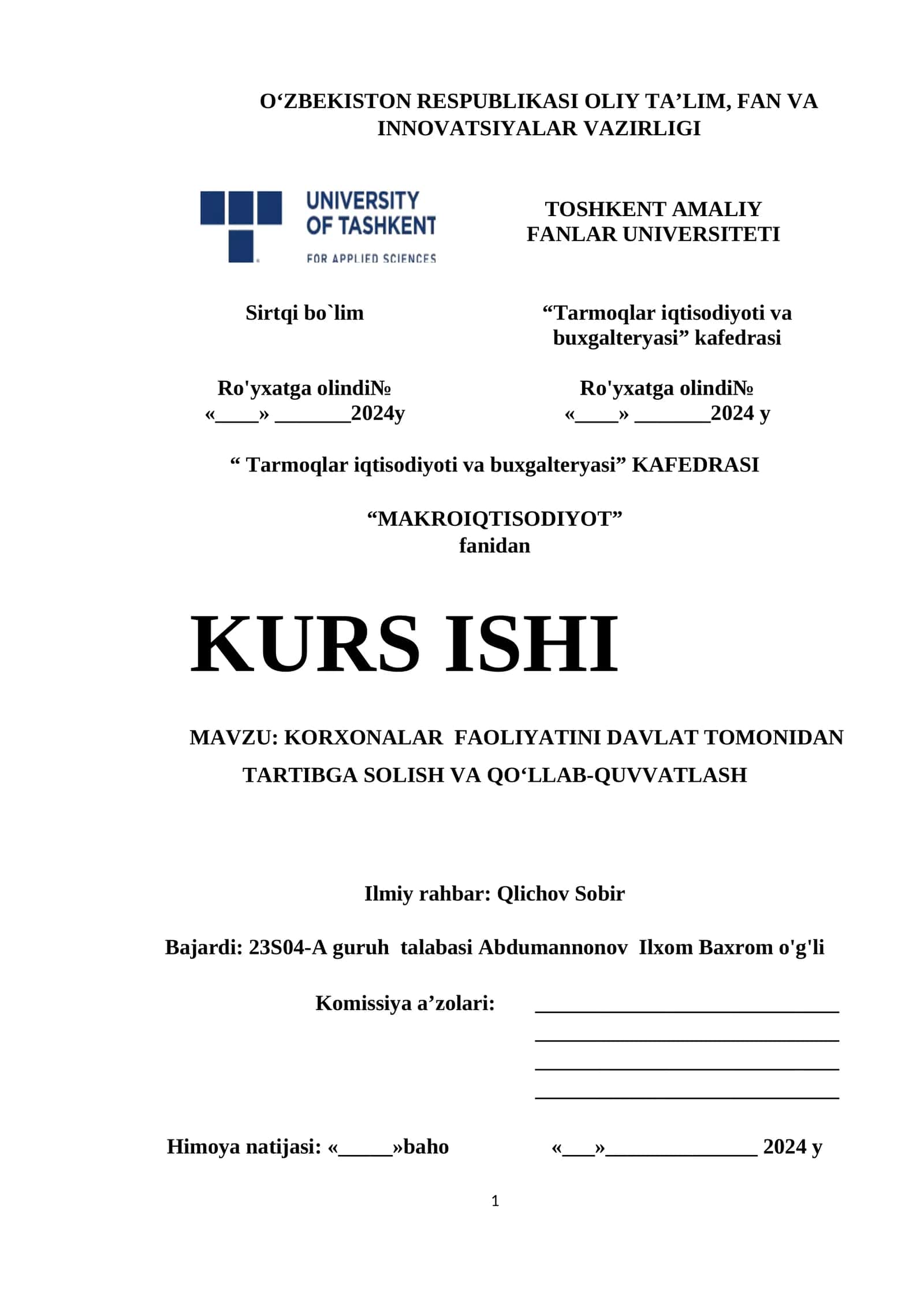 KORXONALAR FAOLIYATINI DAVLAT TOMONIDAN TARTIBGA SOLISH VA QOʻLLAB-QUVVATLASH 1