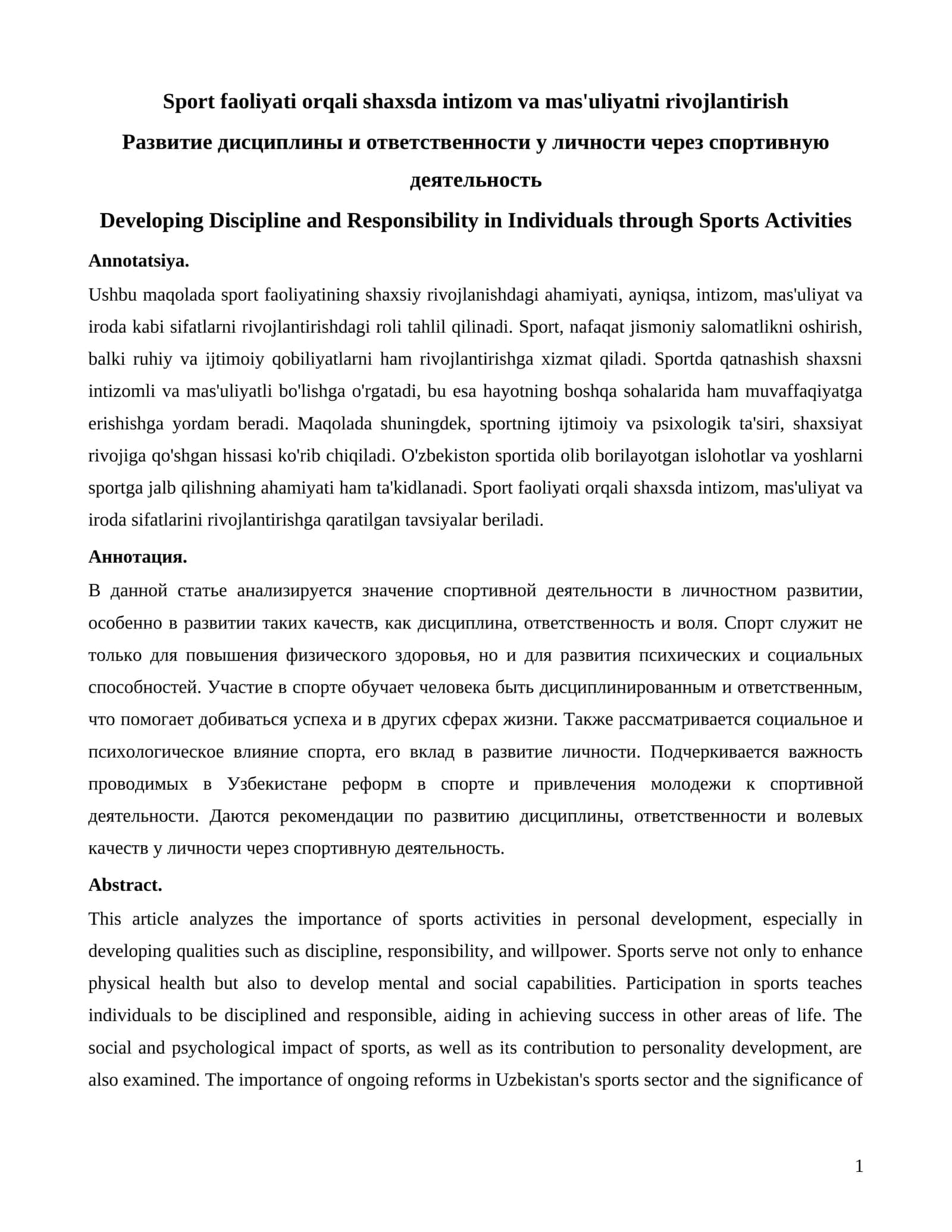 Sport faoliyati orqali shaxsda intizom va mas'uliyatni rivojlantirish 1