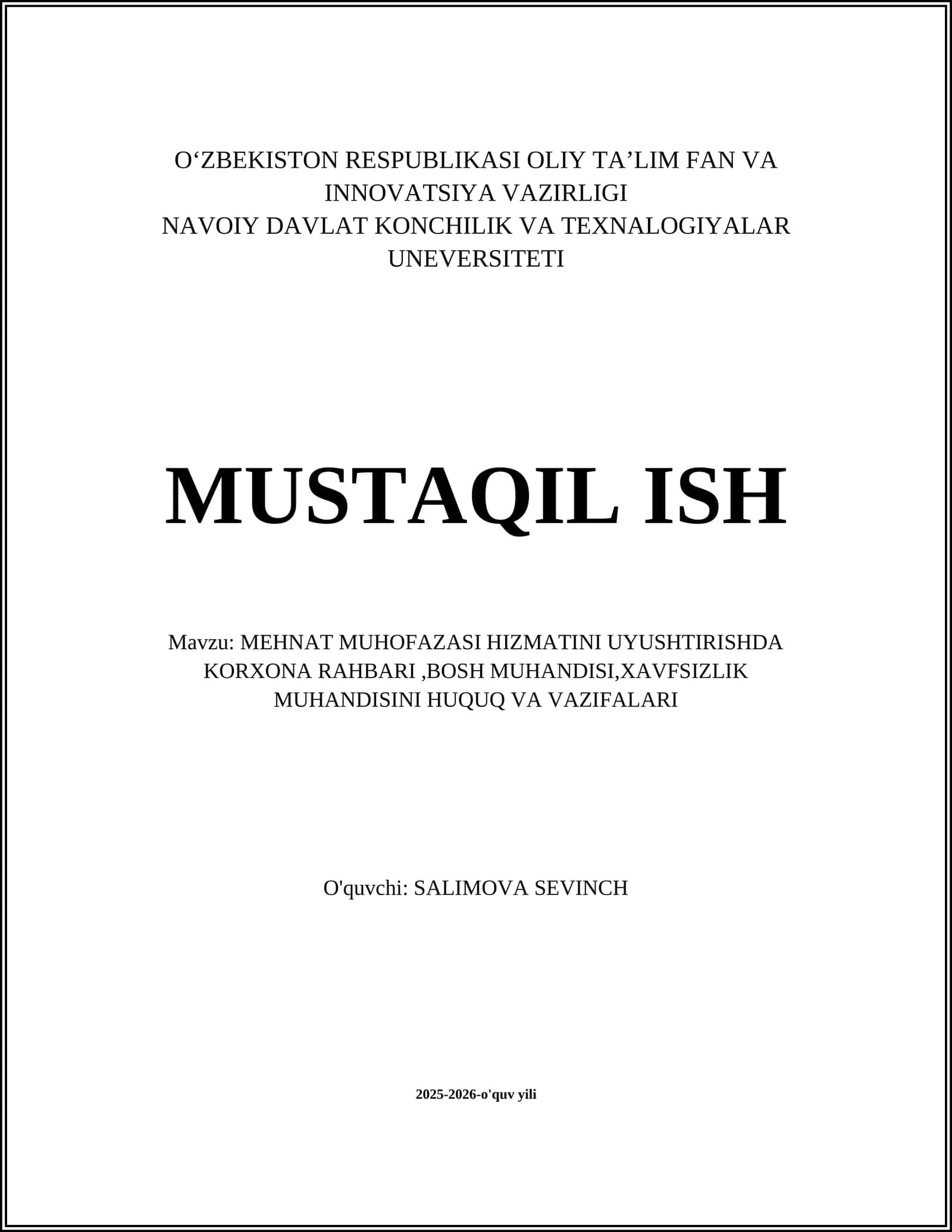 MEHNAT MUHOFAZASI HIZMATINI UYUSHTIRISHDA KORXONA RAHBARI,BOSH MUHANDISI,XAVFSIZLIK MUHANDISINI HUQUQ VA VAZIFALARI 1