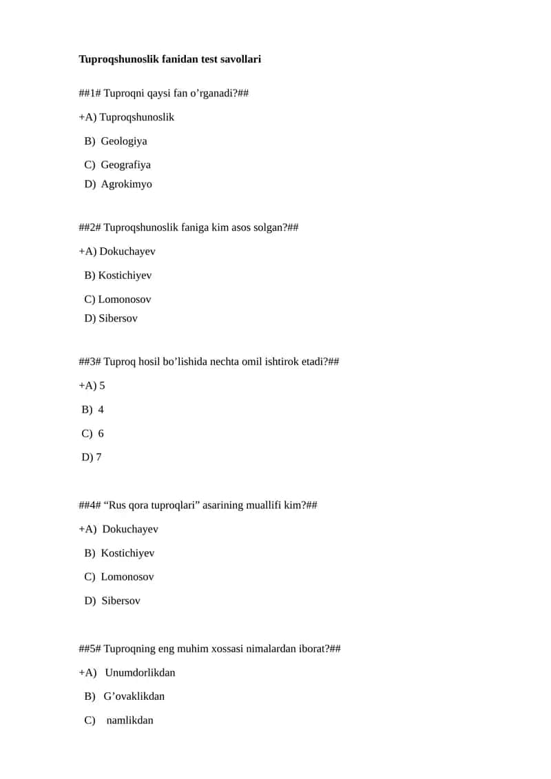 Tuprоqshunоslik fanidan test savоllari 1