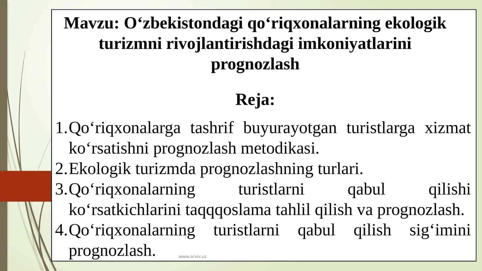 O‘zbekistondagi qo‘riqxonalarning ekologik turizmni rivojlantirishdagi imkoniyatlarini prognozlash 1