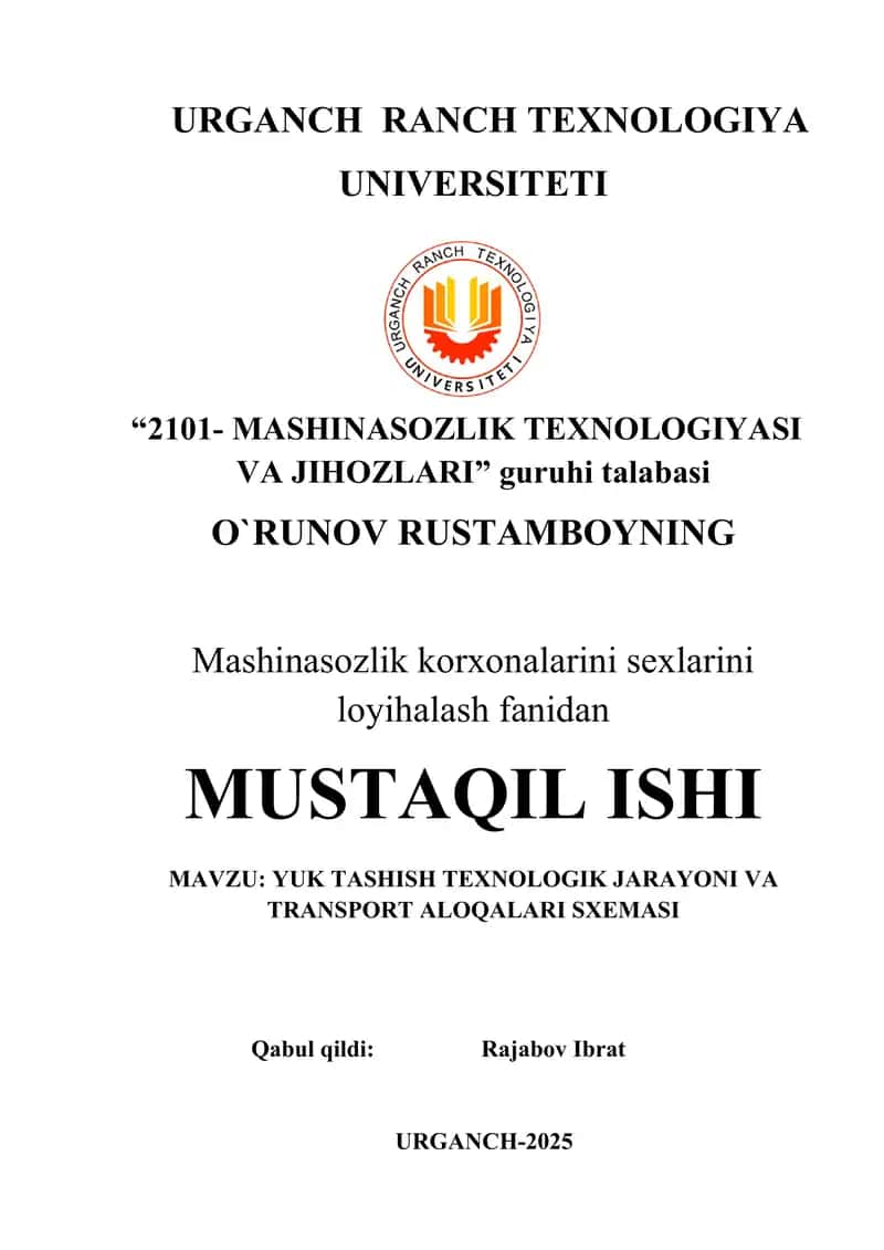 Yuk tashish texnologik jarayoni va transport aloqalari sxemasi 1