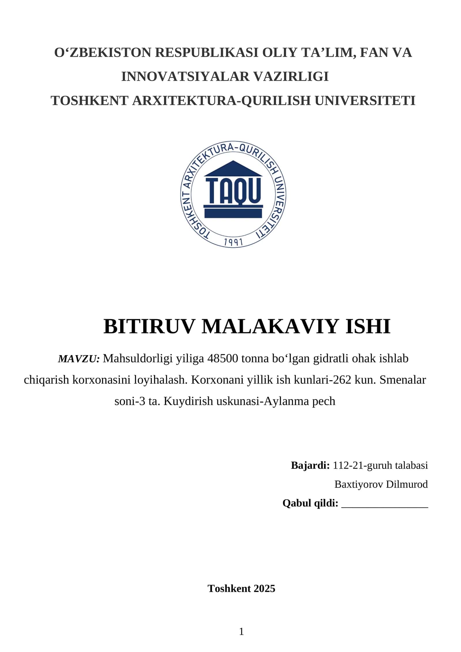 Mahsuldorligi yiliga 48500 tonna bo‘lgan gidratli ohak ishlab chiqarish korxonasini loyihalash. Korxonani yillik ish kunlari-262 kun. Smenalar soni-3 ta. Kuydirish uskunasi-Aylanma pech 1