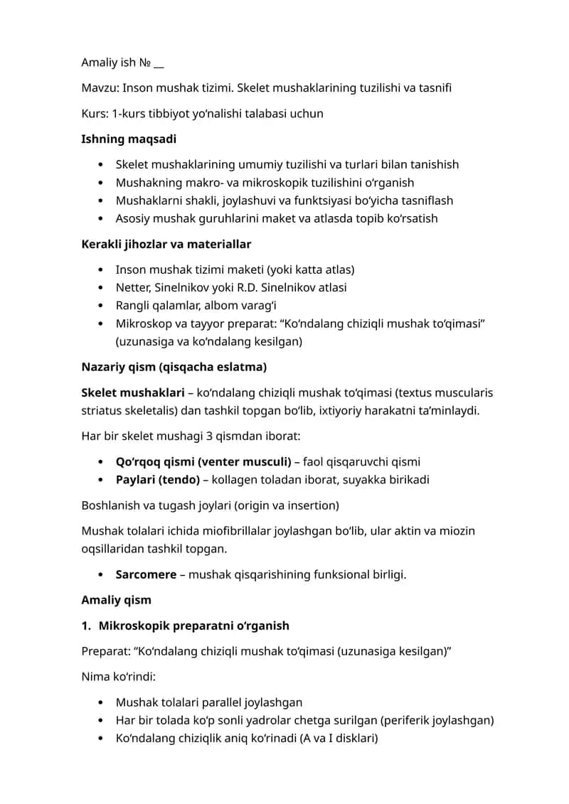 Mavzu: Inson mushak tizimi. Skelet mushaklarining tuzilishi va tasnifi 1