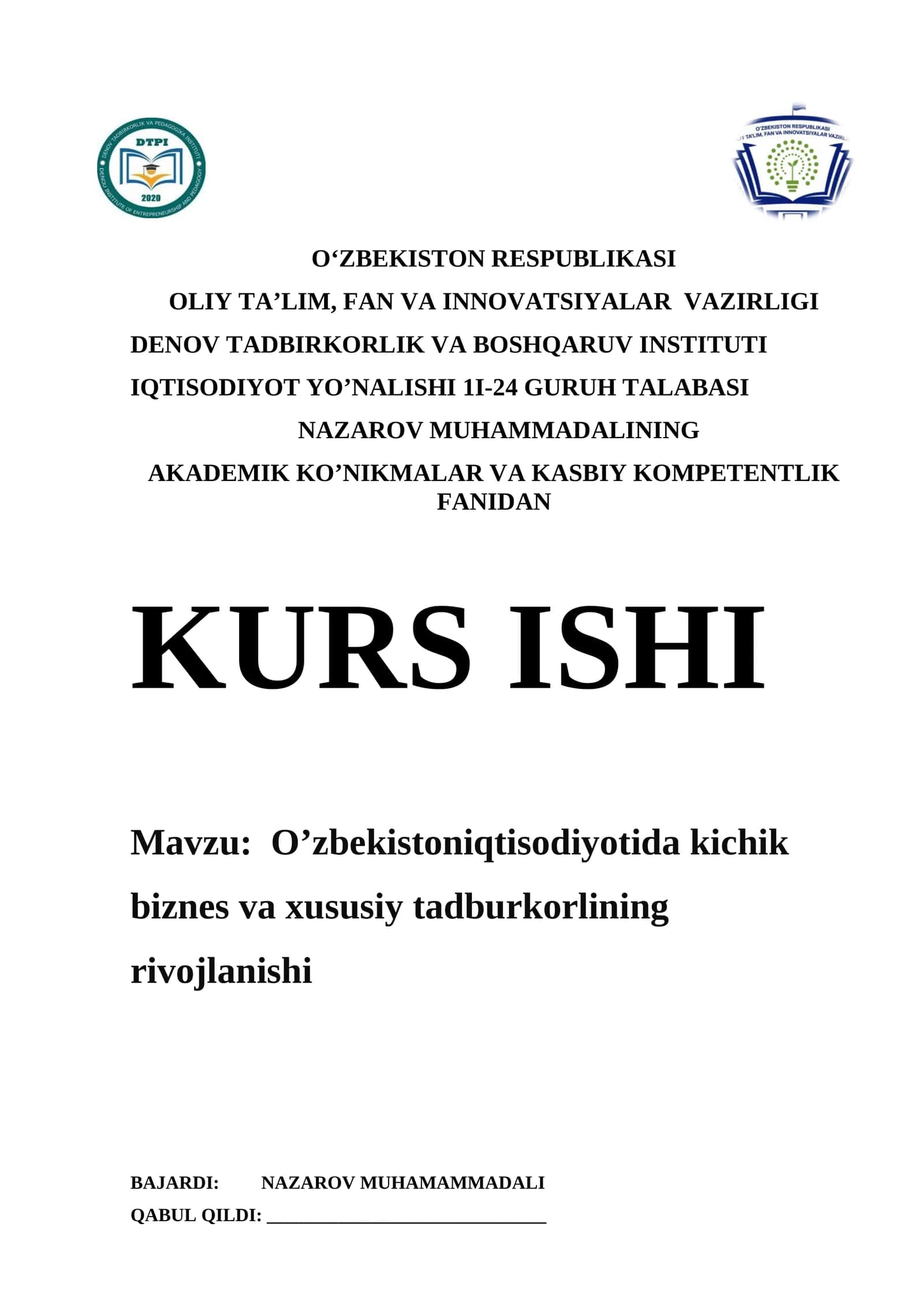 O’zbekistoniqtisodiyotida kichik biznes va xususiy tadburkorlining rivojlanishi 1