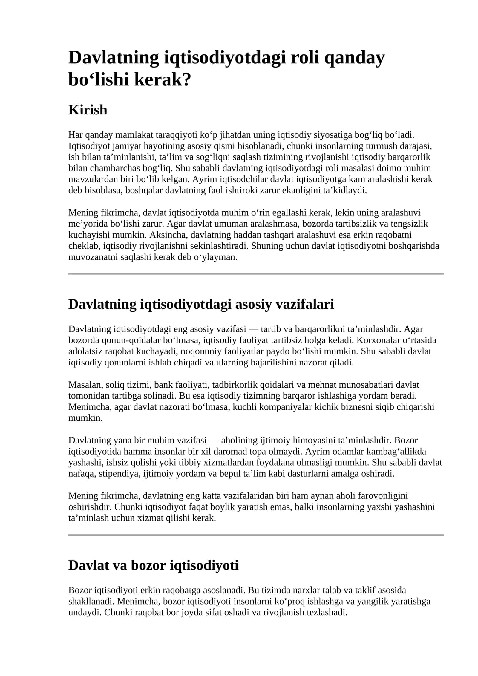 Davlatning iqtisodiyotdagi roli qanday bo‘lishi kerak? 1