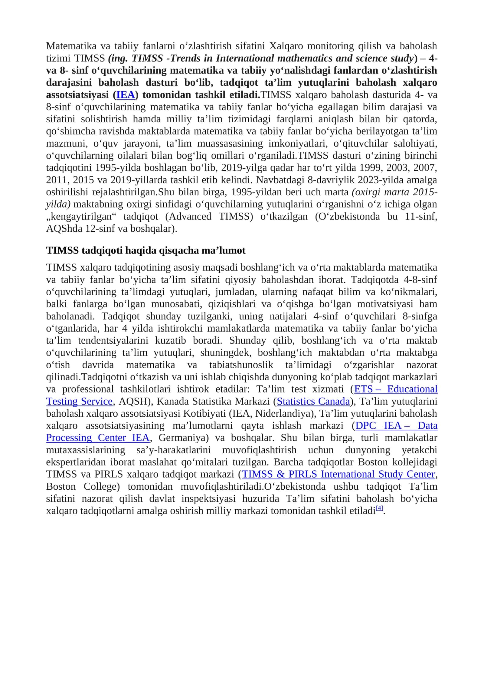 TIMSS (Trends in International Mathematics and Science Study) 1
