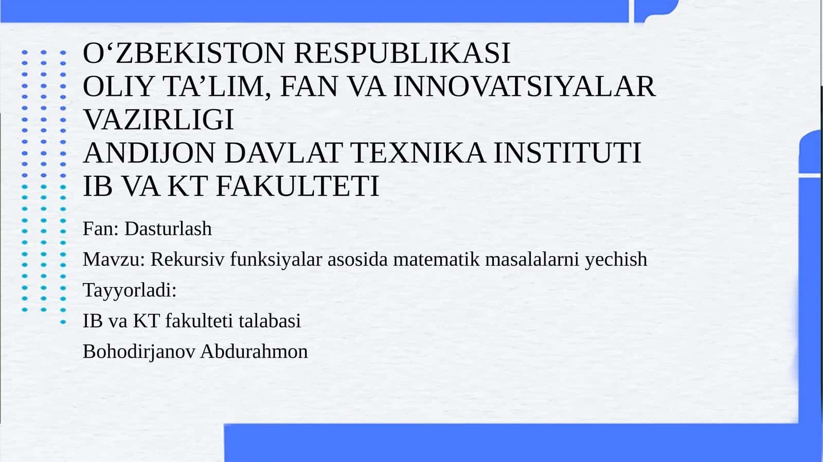 Rekursiv funksiyalar asosida matematik masalalarni yechish 1