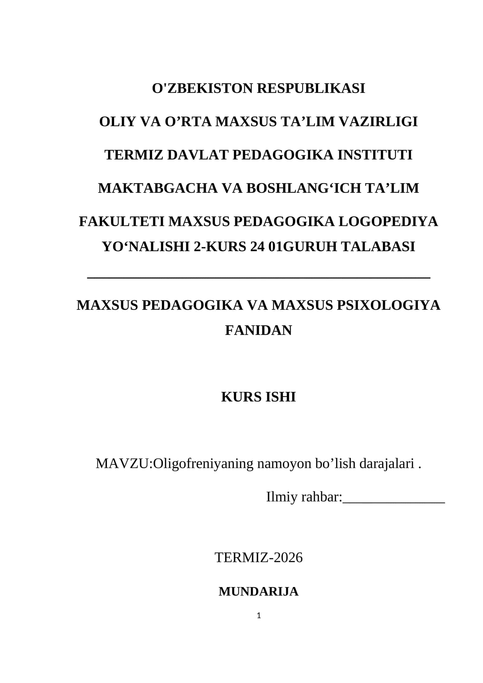 Oligofreniyaning namoyon bo’lish darajalari 1