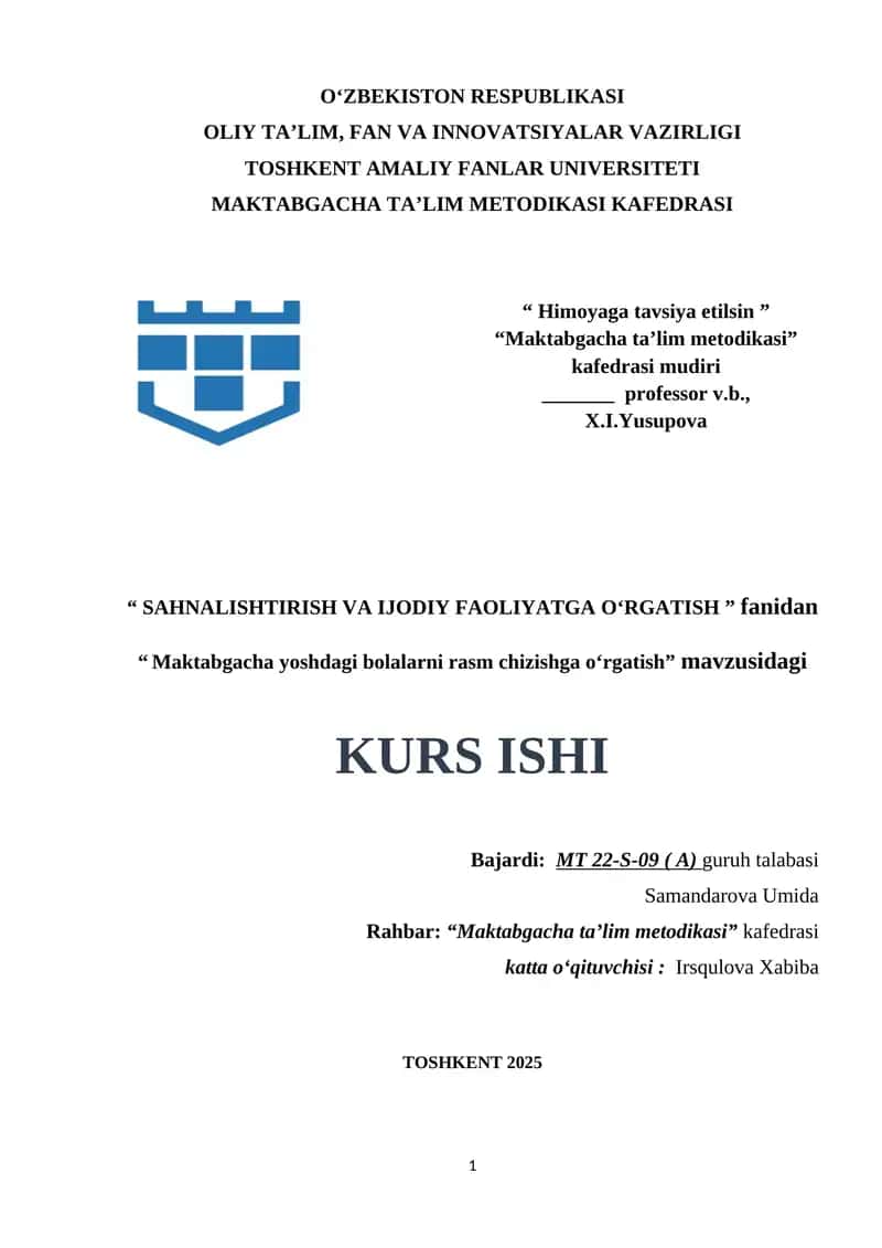 Maktabgacha yoshdagi bolalarni rasm chizishga oʻrgatish. 1