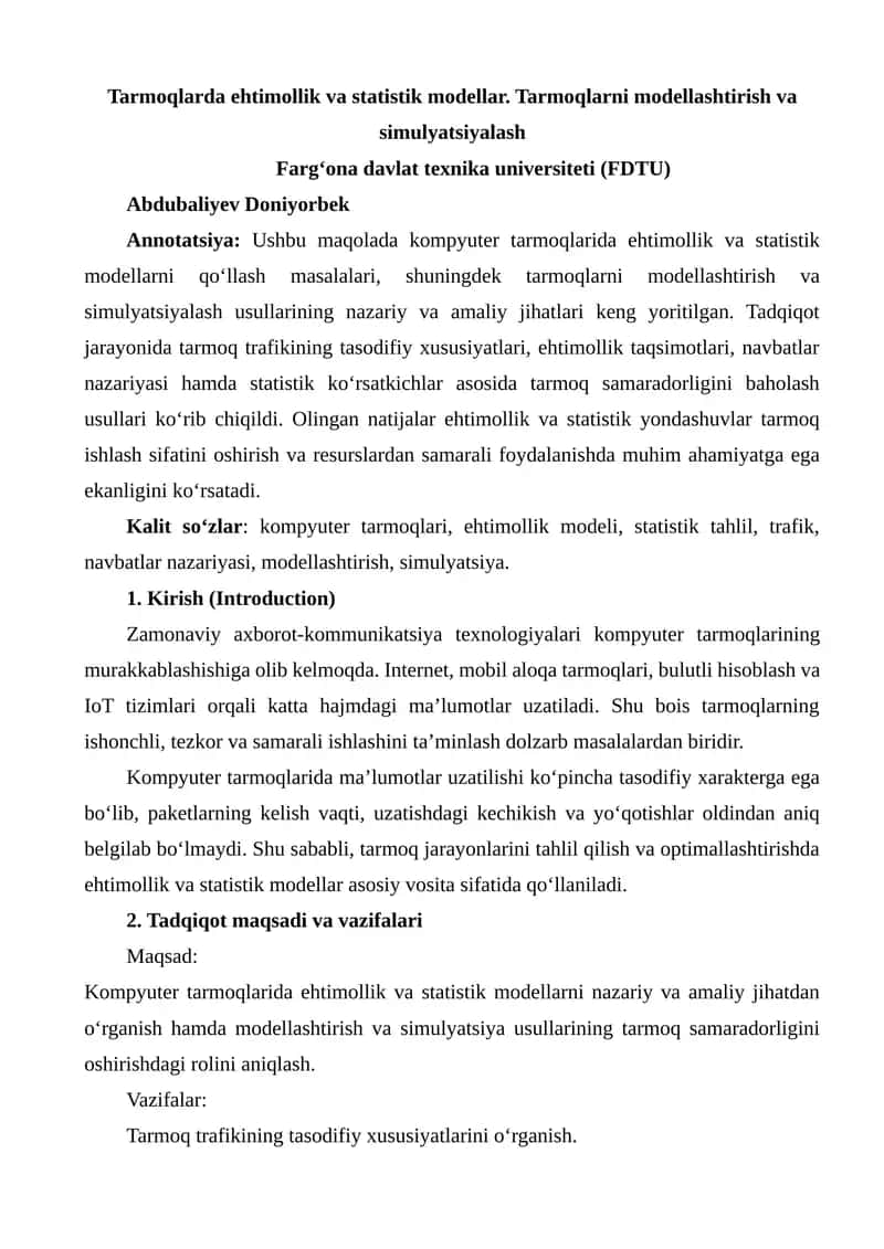 Kompyuter tarmoqlarida ehtimollik va statistik modellar 1