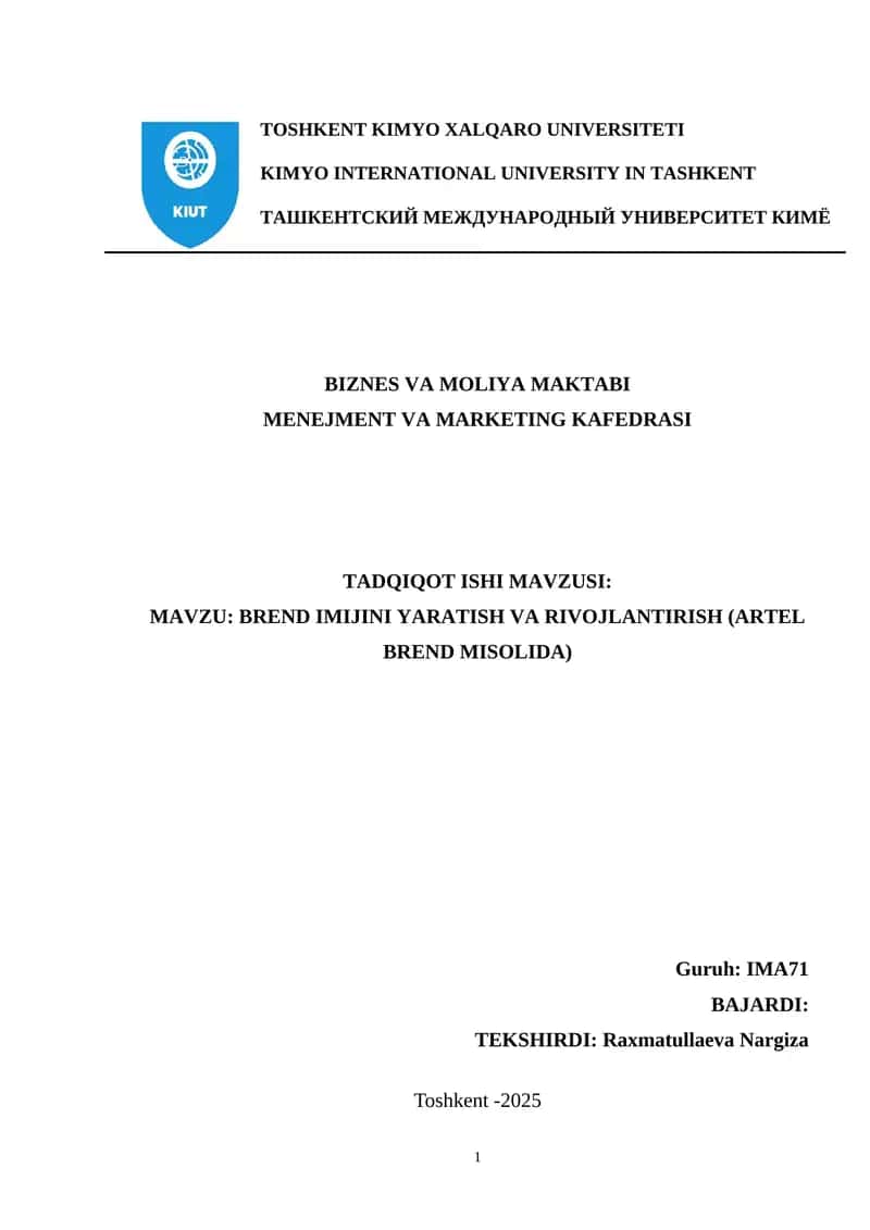 BREND IMIJINI YARATISH VA RIVOJLANTIRISH (ARTEL BREND MISOLIDA) 1