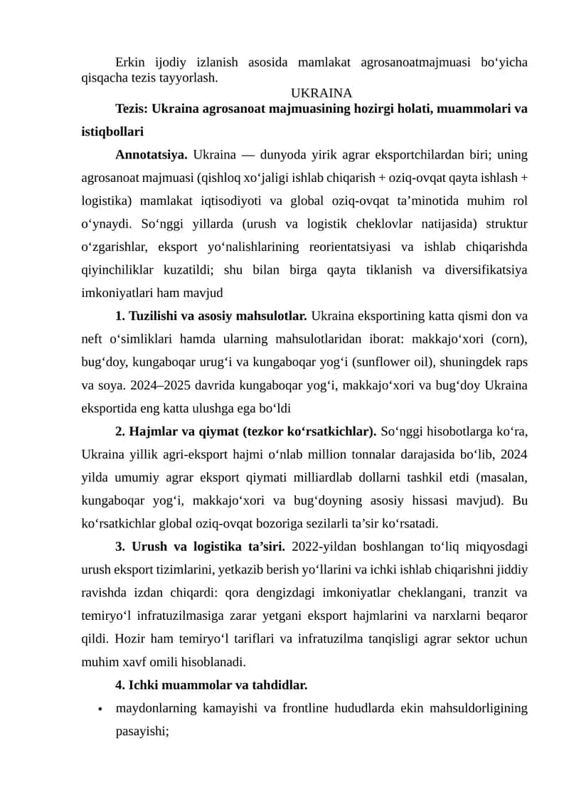 Ukraina agrosanoat majmuasining hozirgi holati 1