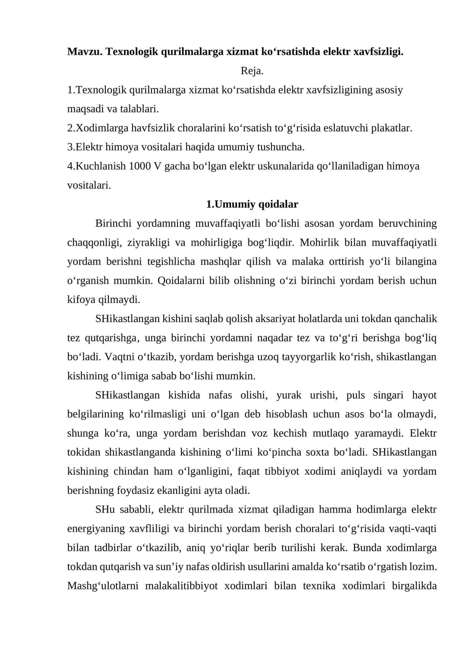 Texnologik qurilmalarga xizmat koʻrsatishda elektr xavfsizligi 1