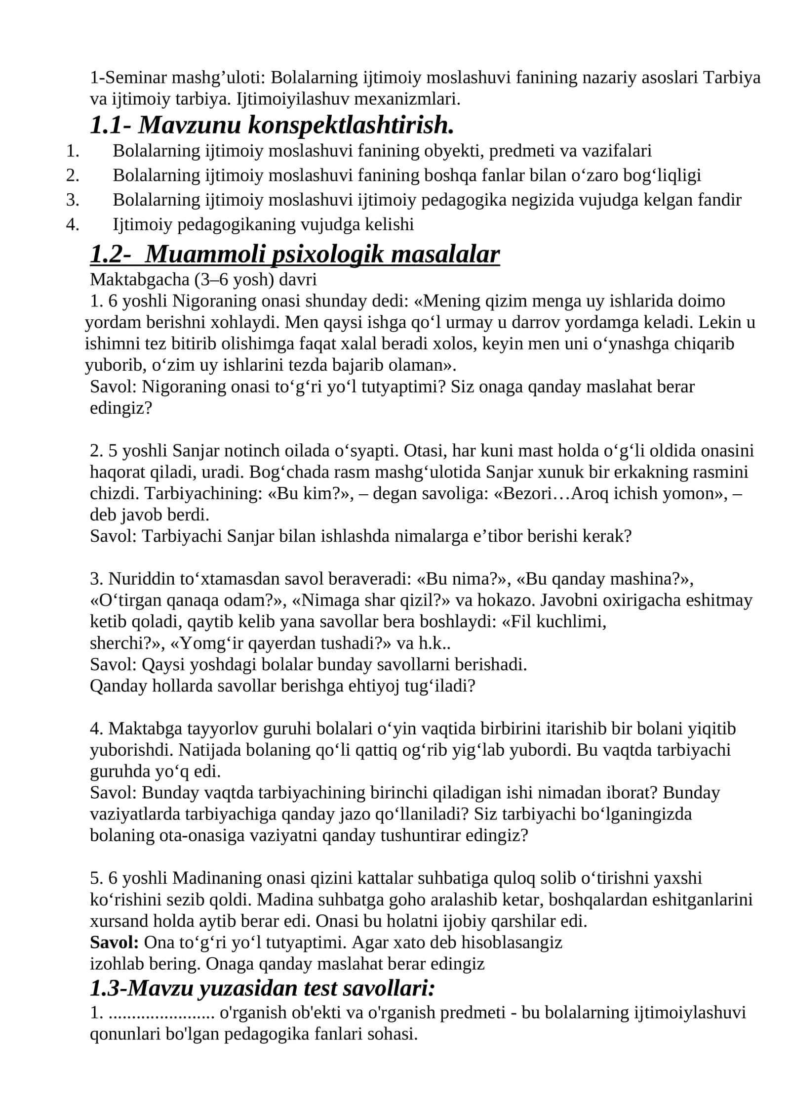 Seminar mashg’uloti: Bolalarning ijtimoiy moslashuvi fanining nazariy asoslari Tarbiya va ijtimoiy tarbiya. Ijtimoiyilashuv mexanizmlari 1