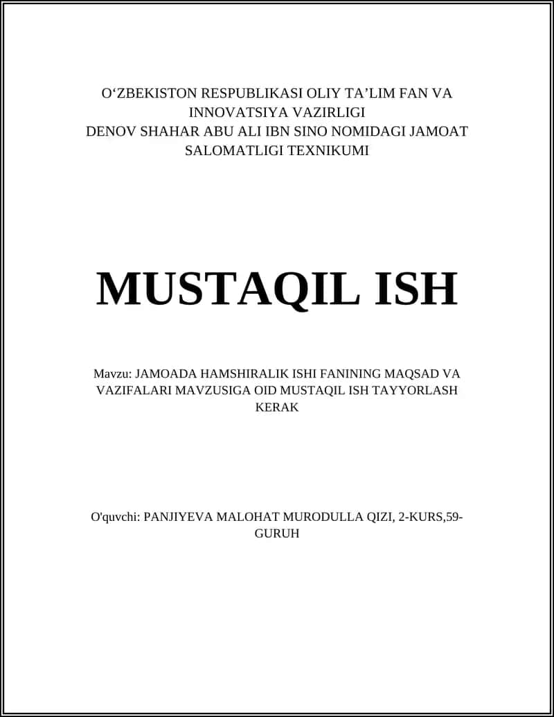 JAMOADA HAMSHIRALIK ISHI FANINING MAQSAD VA VAZIFALARI 1