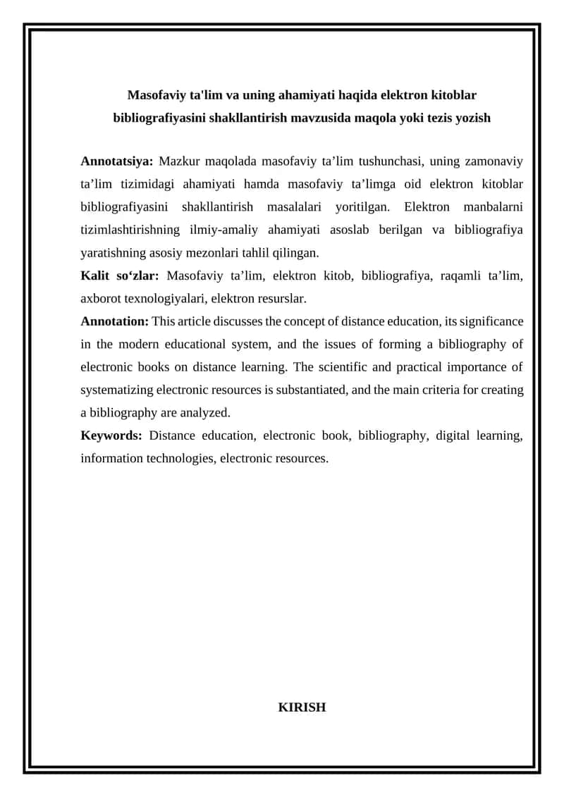 Masofaviy ta'lim va uning ahamiyati haqida elektron kitoblar bibliografiyasini shakllantirish 1