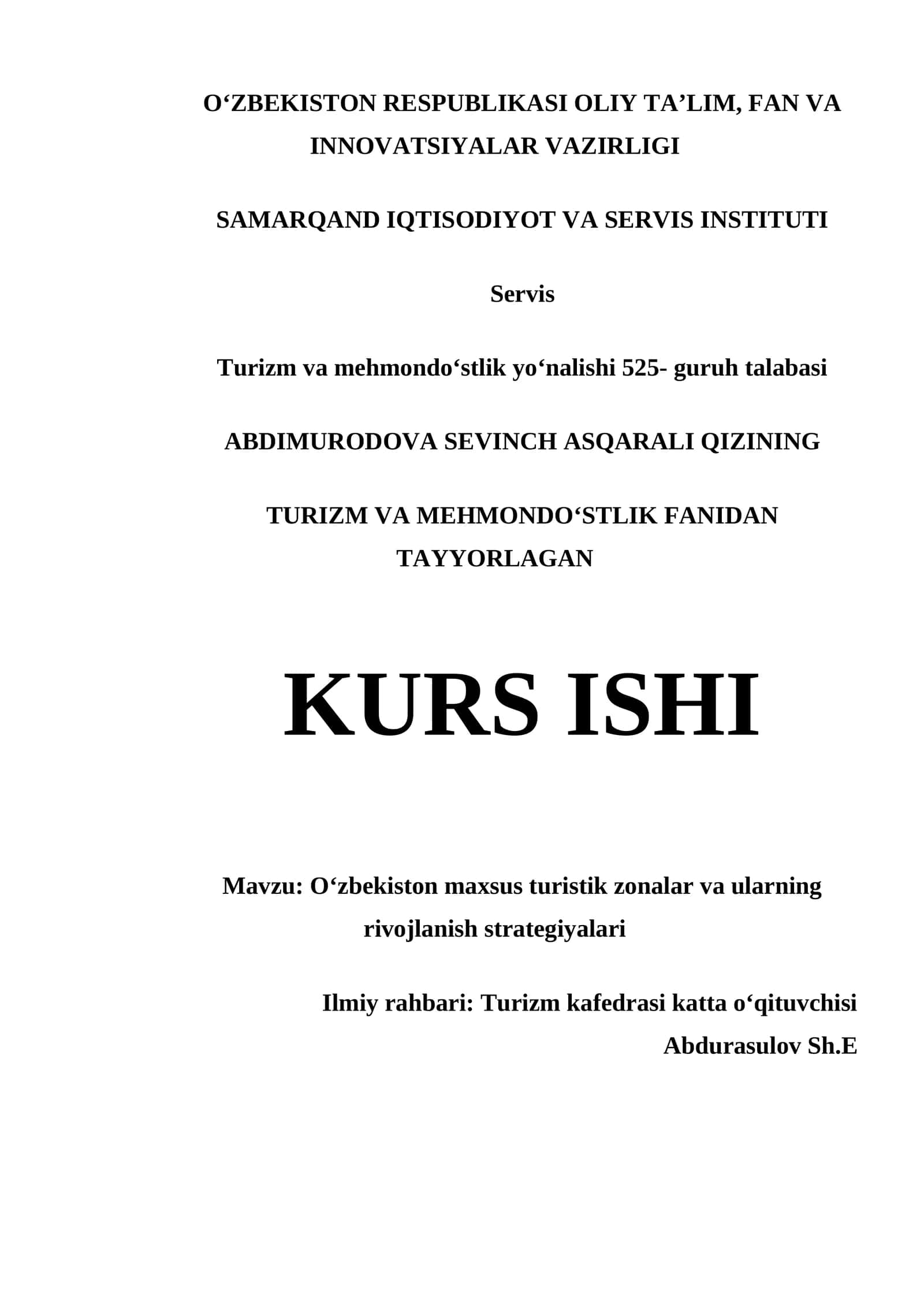 TURIZM VA MEHMONDOʻSTLIK FANIDAN TAYYORLAGAN KURS ISHI 1