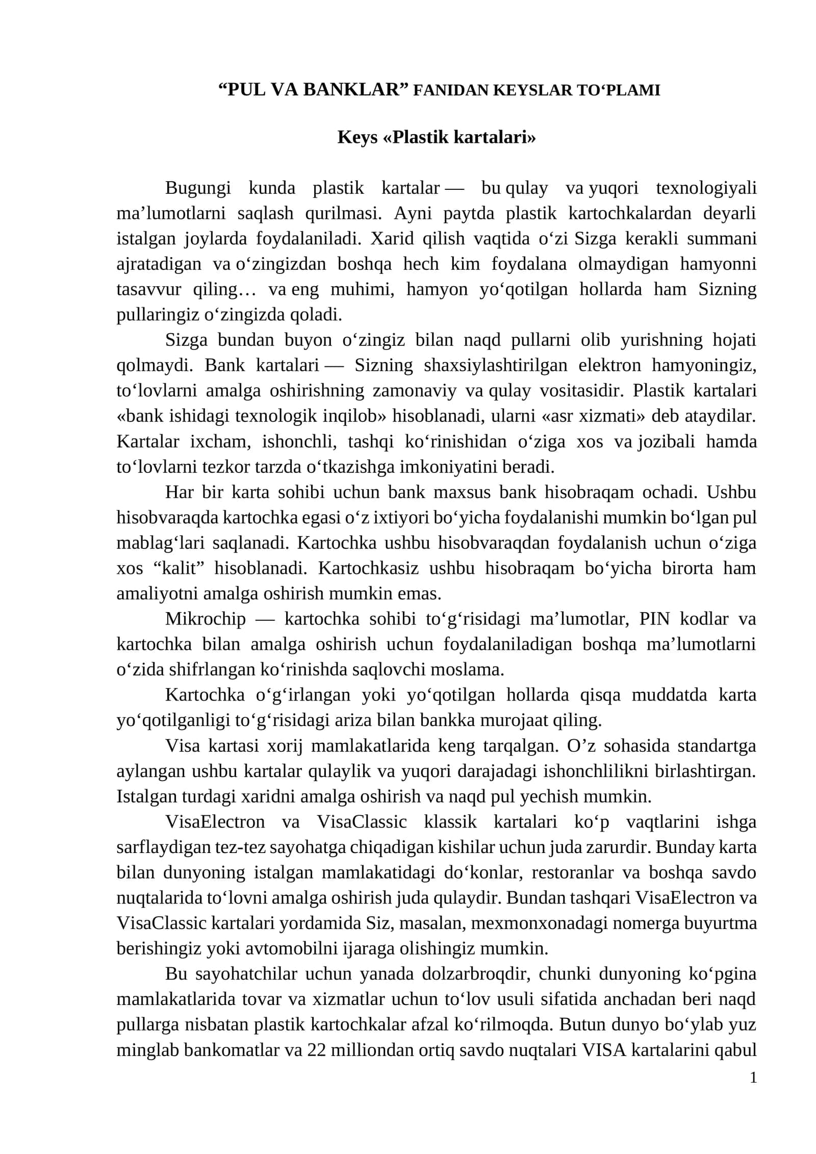 "PUL VA BANKLAR" FANIDAN KEYSLAR TO‘PLAMI 1