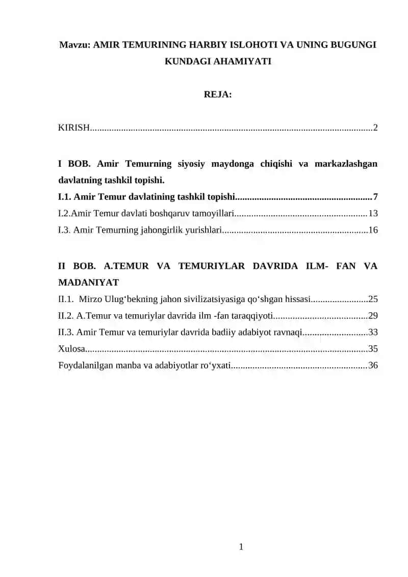 AMIR TEMURINING HARBIY ISLOHOTI VA UNING BUGUNGI KUNDAGI AHAMIYATI