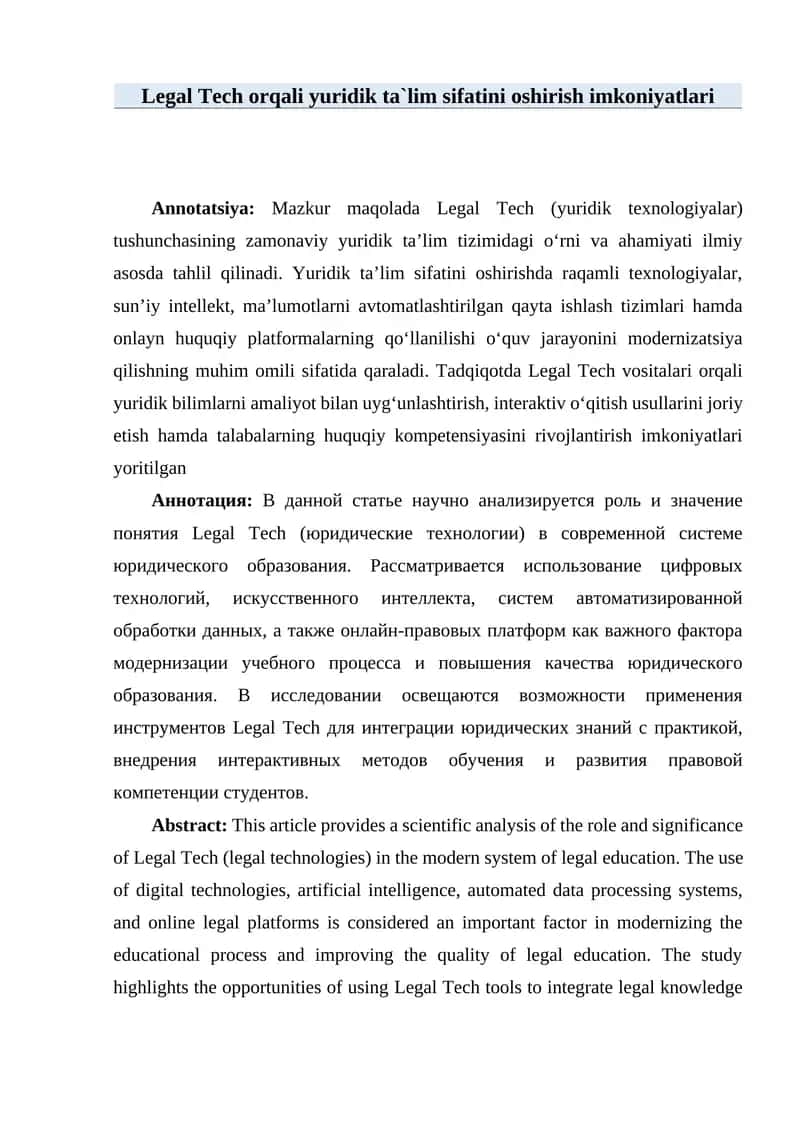 Legal Tech orqali yuridik ta`lim sifatini oshirish imkoniyatlari 1