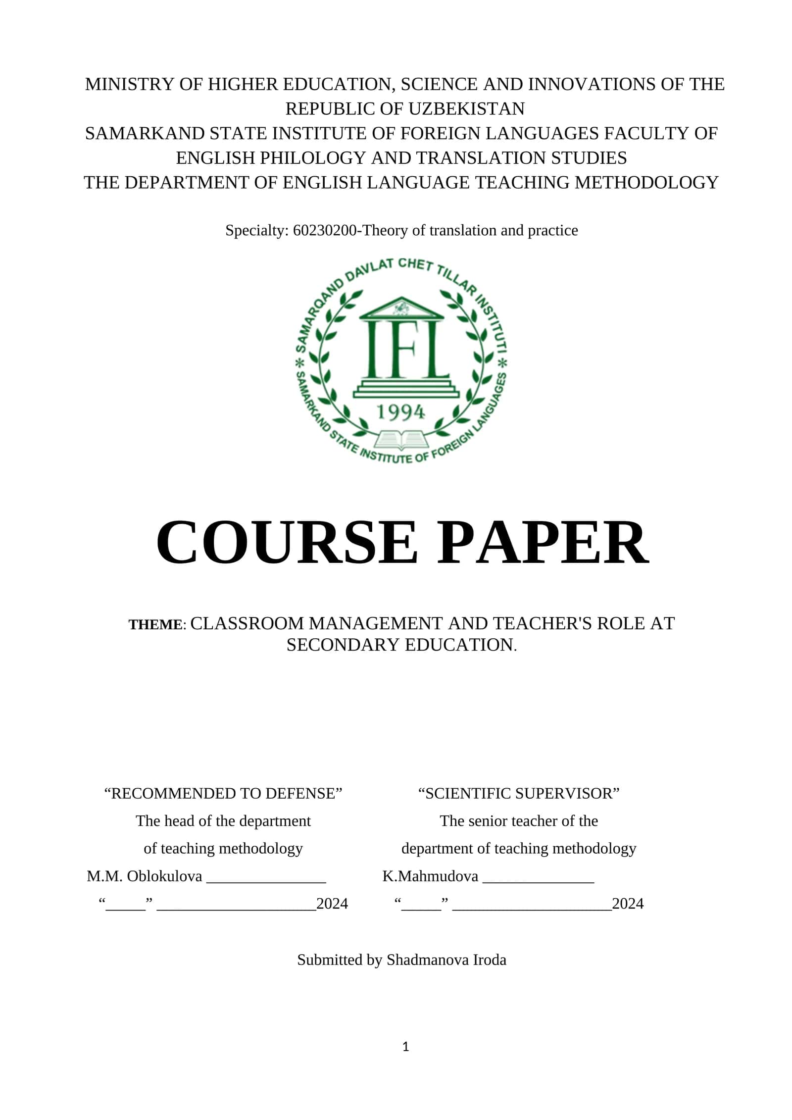 CLASSROOM MANAGEMENT AND TEACHER'S ROLE AT SECONDARY EDUCATION 1