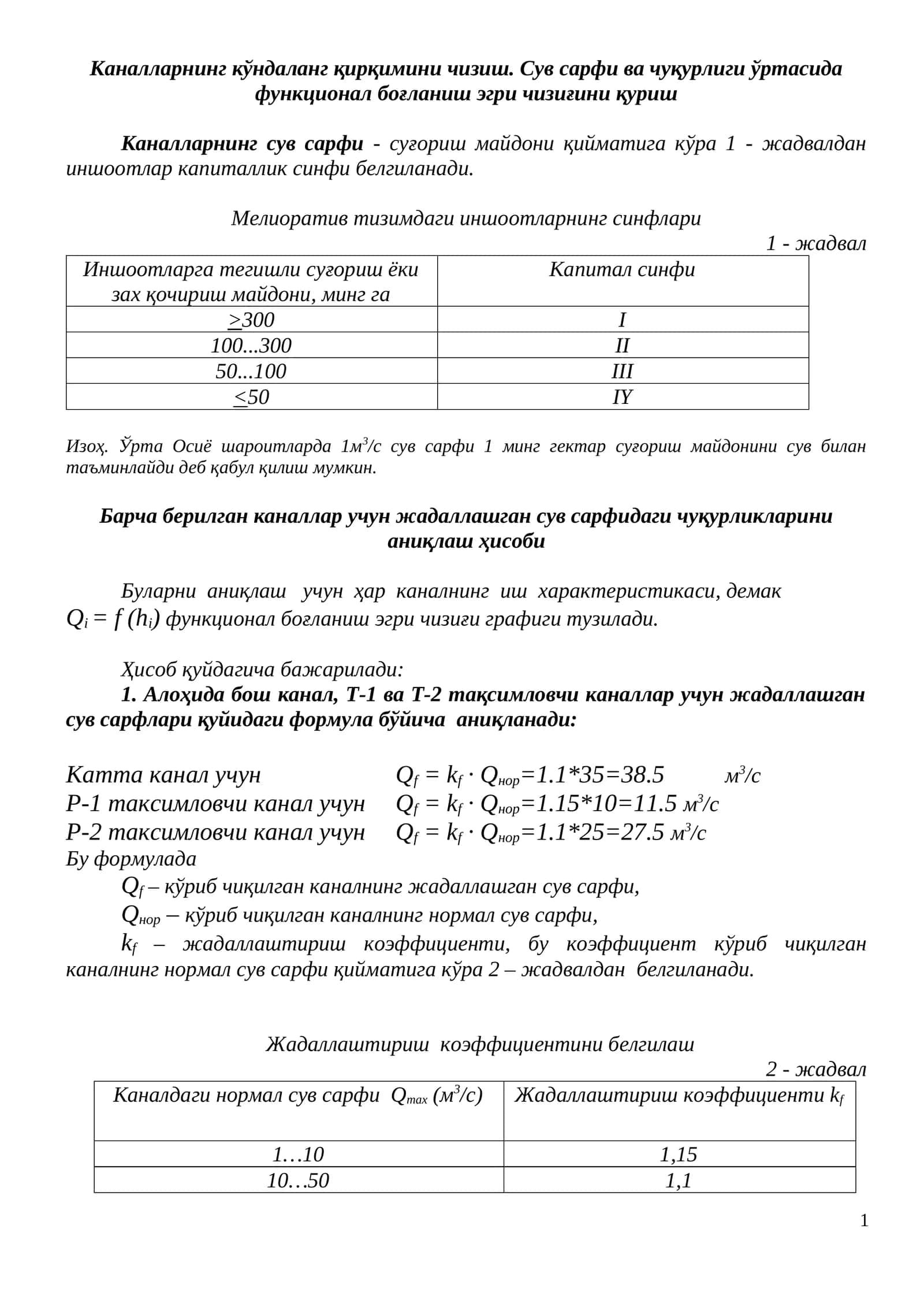 Мелиоратив тизимдаги иншоотларнинг синфлари 1