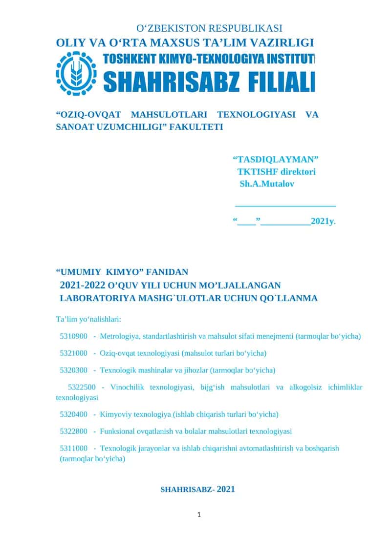 LABORATORIYA MASHG`ULOTLAR UCHUN QO`LLANMA 1