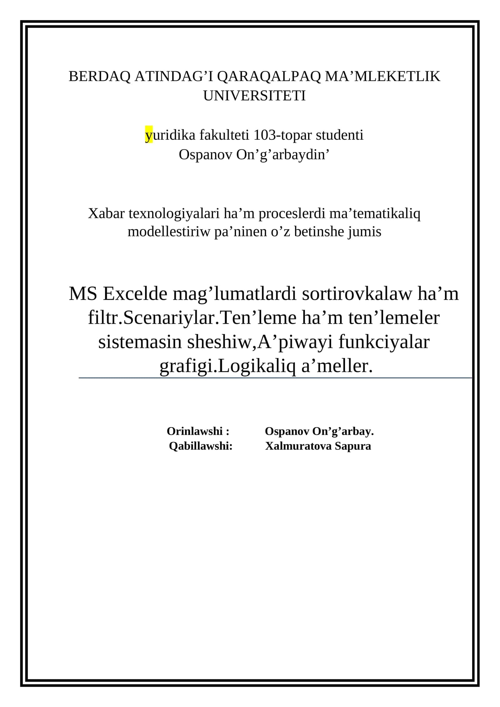 Xabar Texnologiyalari Ha'm Proceslerdi Ma’tematikaliq Modellestiriw 1
