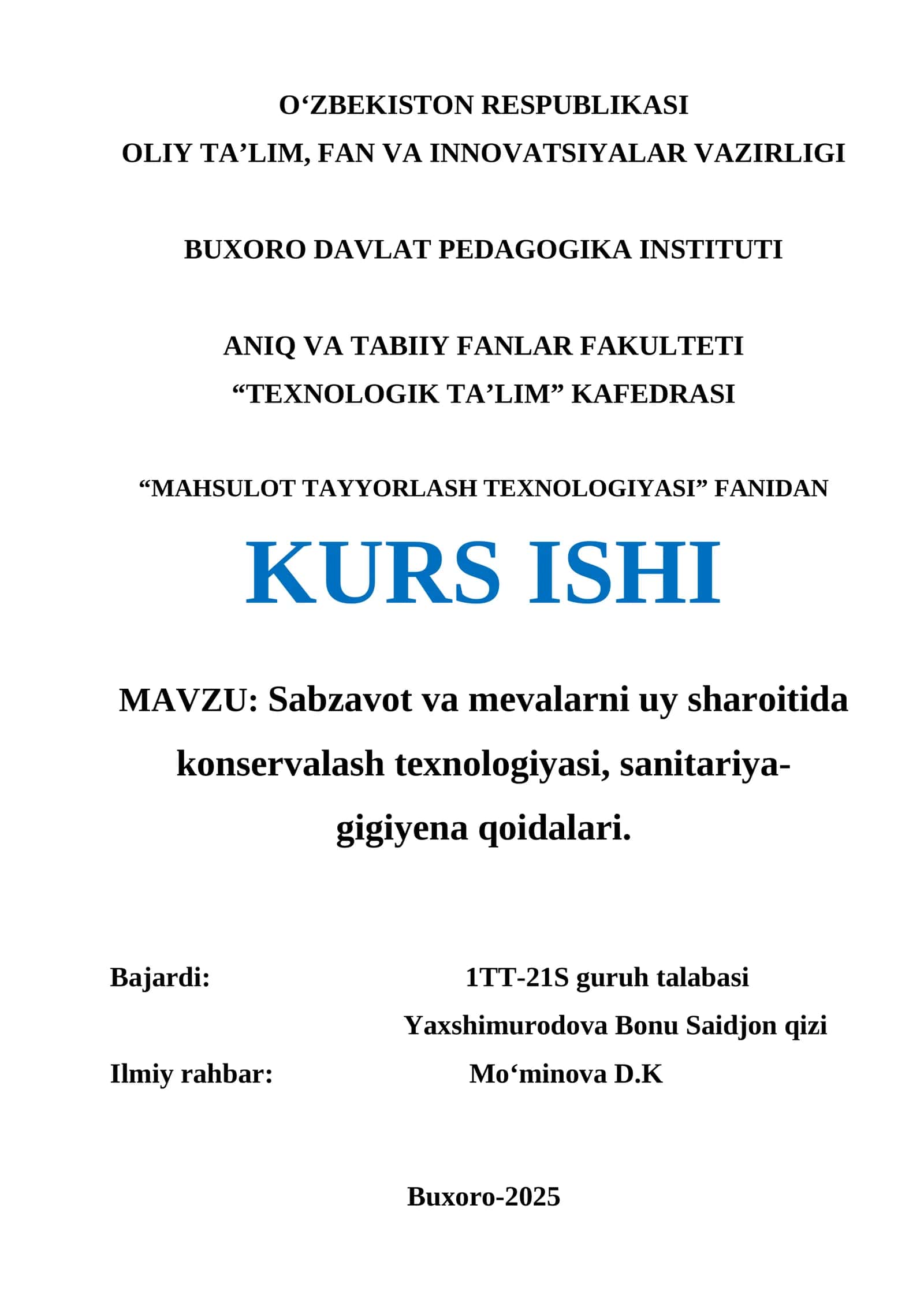 Mahsulot Tayyorlash Texnologiyasi 1