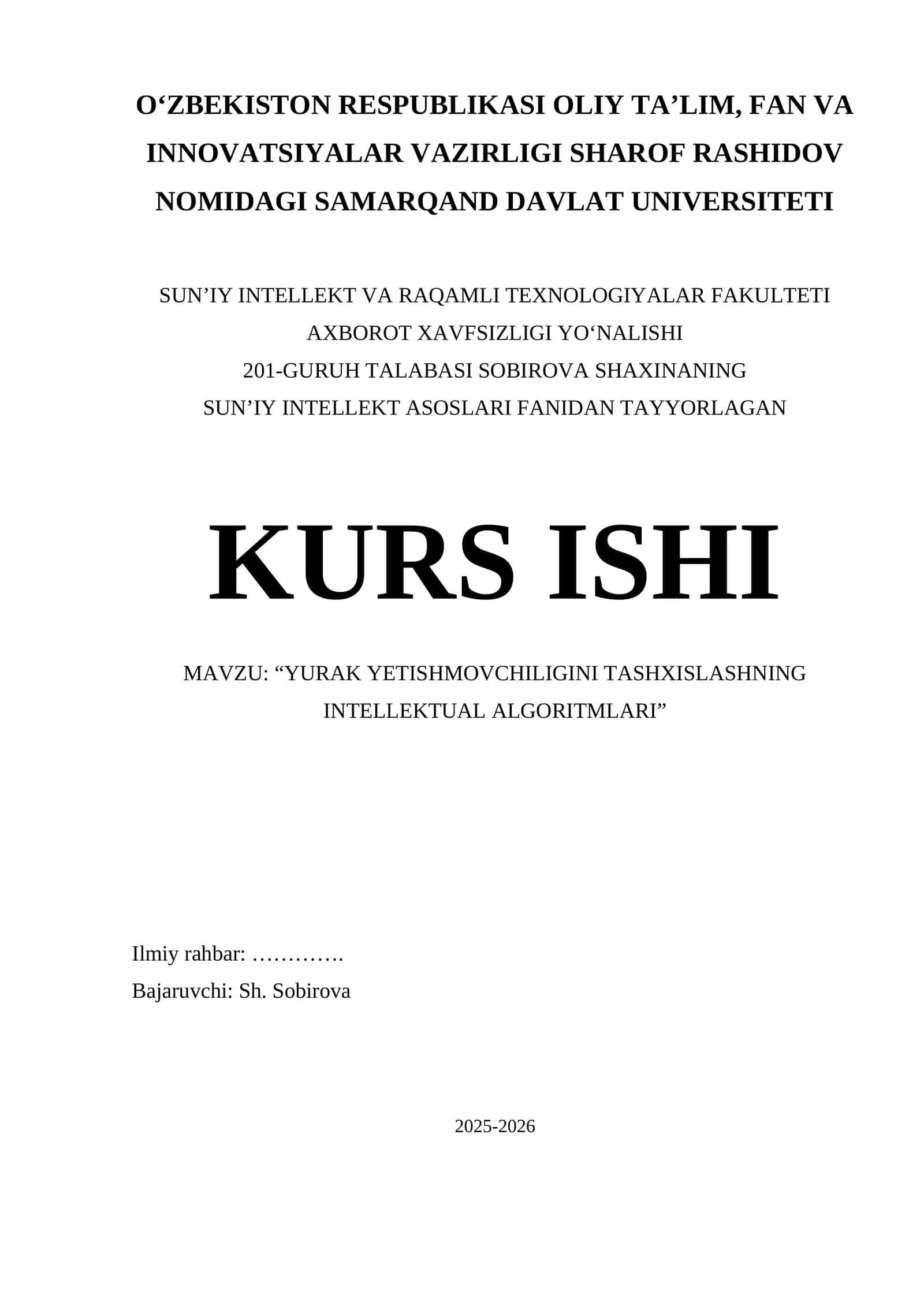 “YURAK YETISHMOVCHILIGINI TASHXISLASHNING INTELLEKTUAL ALGORITMLARI” 1