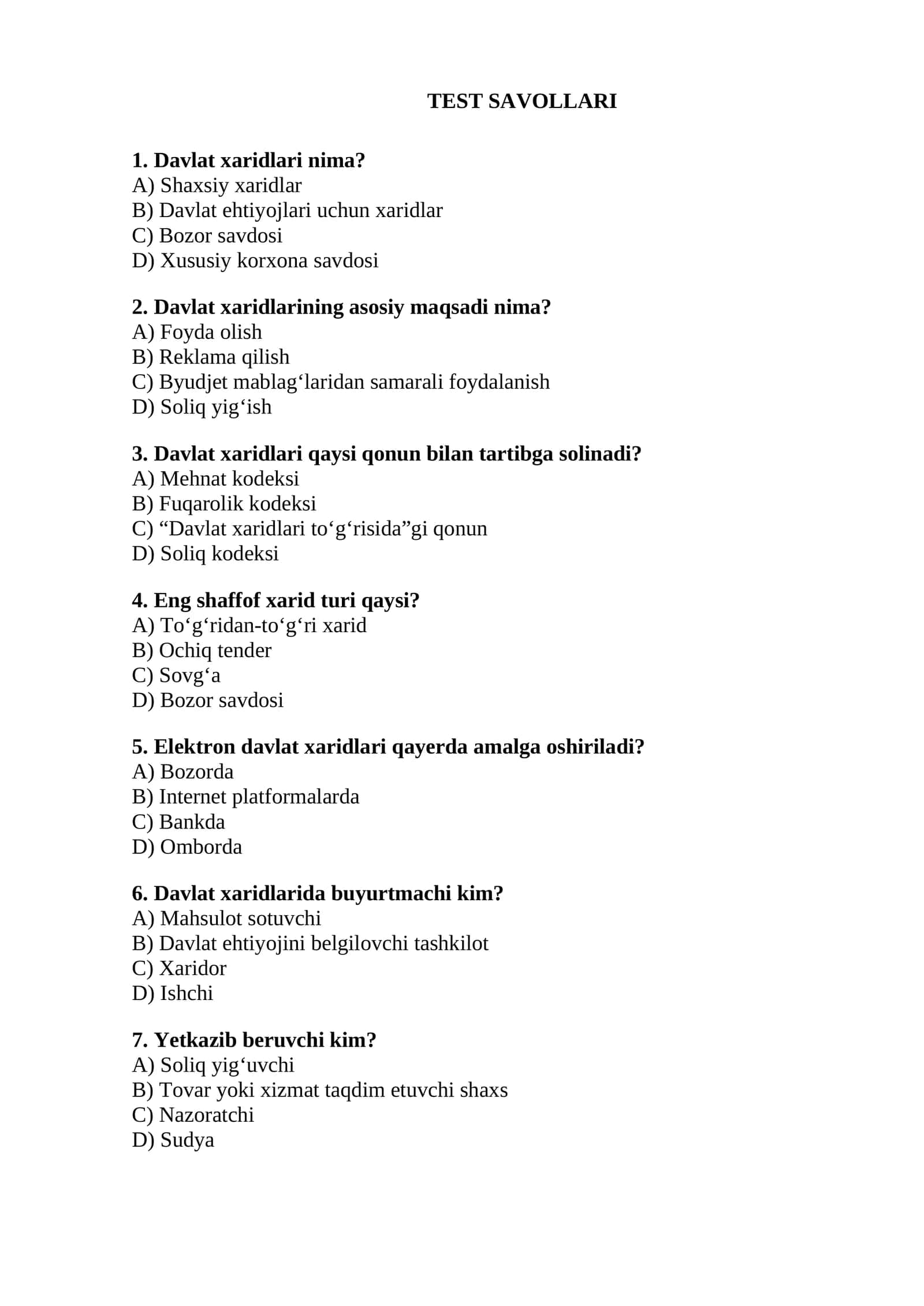 Davlat xaridlari fanidan TEST SAVOLLARI 1