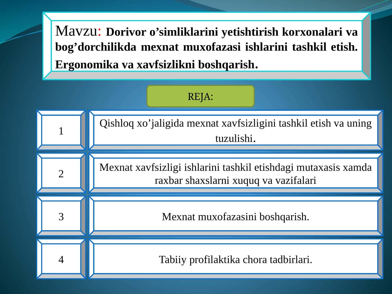 Dorivor o’simliklarini yetishtirish korxonalari va bog’dorchilikda mexnat muxofazasi ishlarini tashkil etish. Ergonomika va xavfsizlikni boshqarish 1