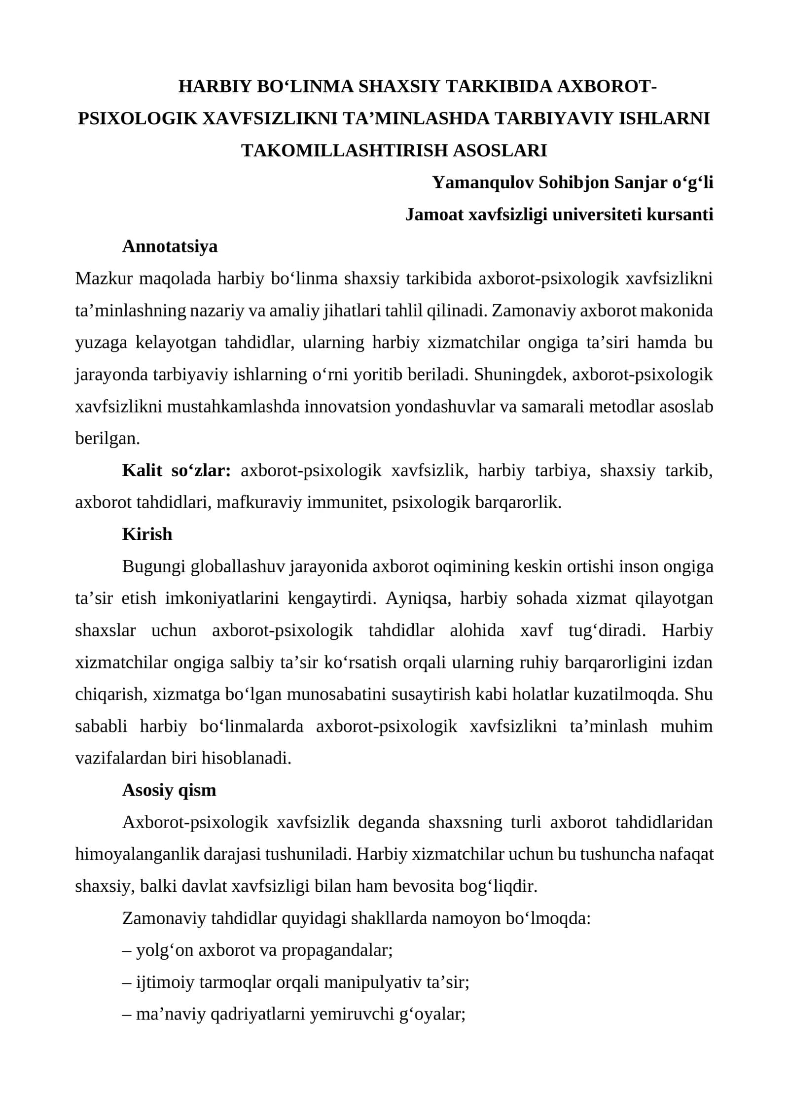 HARBIY BO‘LINMA SHAXSIY TARKIBIDA AXBOROT-PSIXOLOGIK XAVFSIZLIKNI TA’MINLASHDA TARBIYAVIY ISHLARNI TAKOMILLASHTIRISH ASOSLARI 1