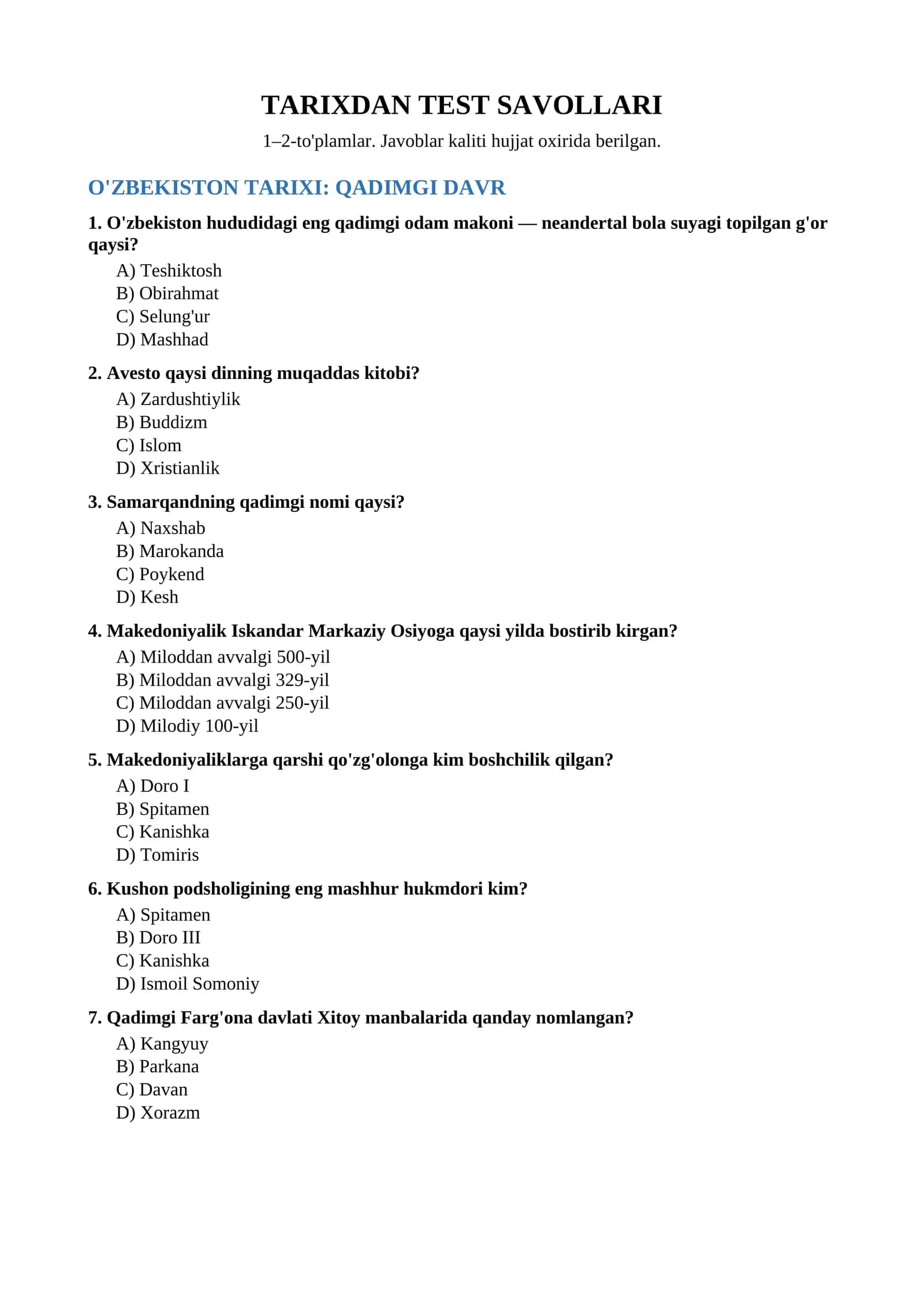 TARIXDAN TEST SAVOLLARI 1