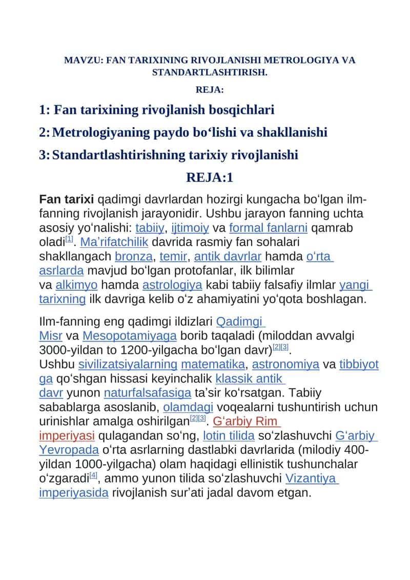 Fan Tarixining Rivojlanishi Metrologiya va Standartlashtirish 1