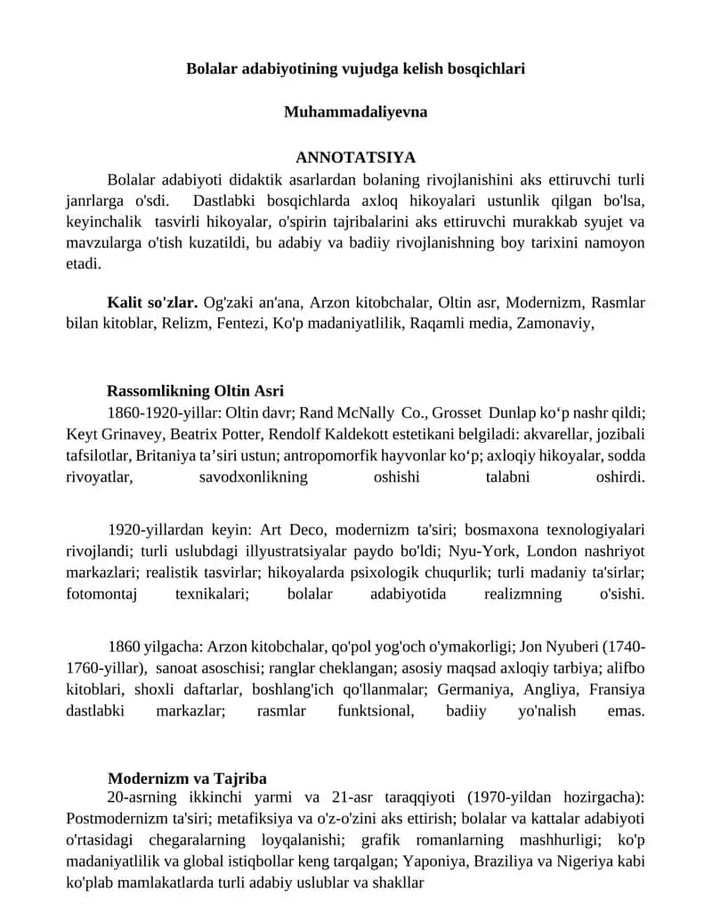 Bolalar adabiyotining vujudga kelish bosqichlari 1