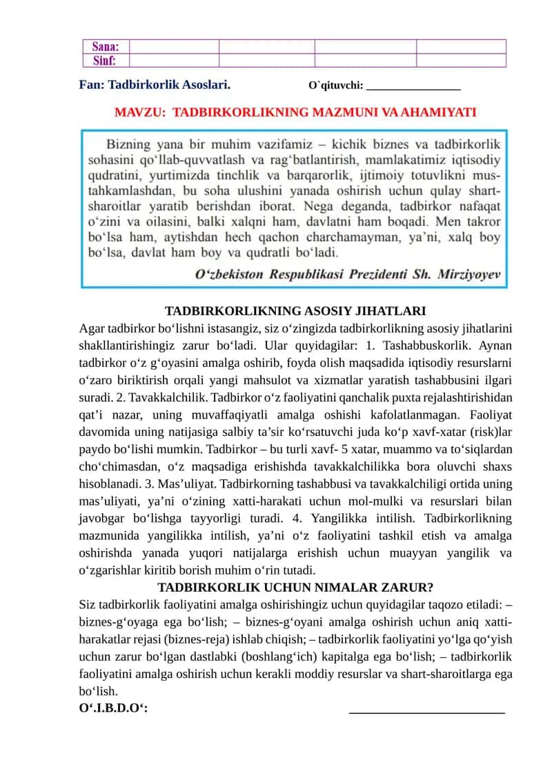 Tadbirkorlikning Mazmuni va Ahmiyati 1