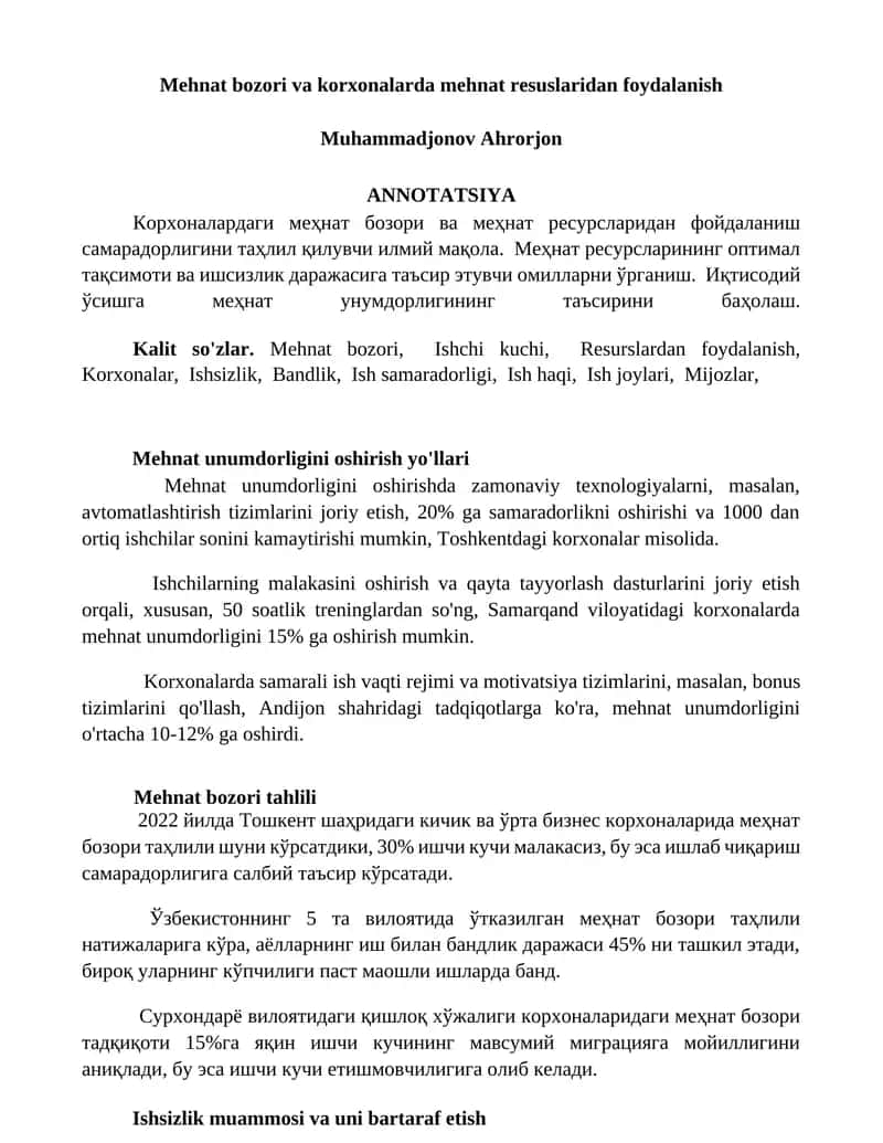 Mehnat bozori va korxonalarda mehnat resurslaridan foydalanish 1